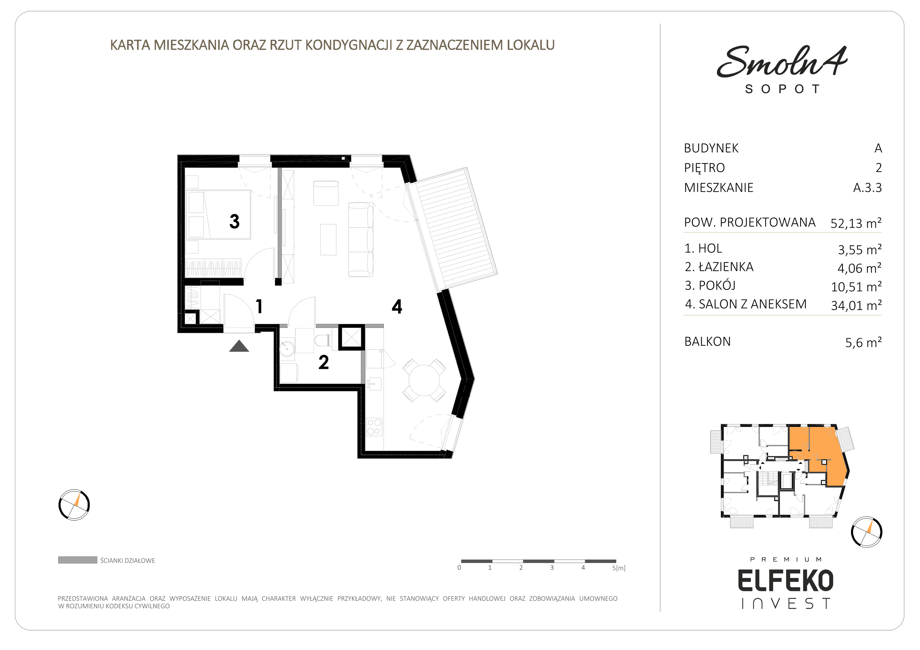 Mieszkanie 52,13 m², piętro 2, oferta nr A.3.3, Smolna 4, Sopot, Świemirowo, ul. Smolna 4-idx