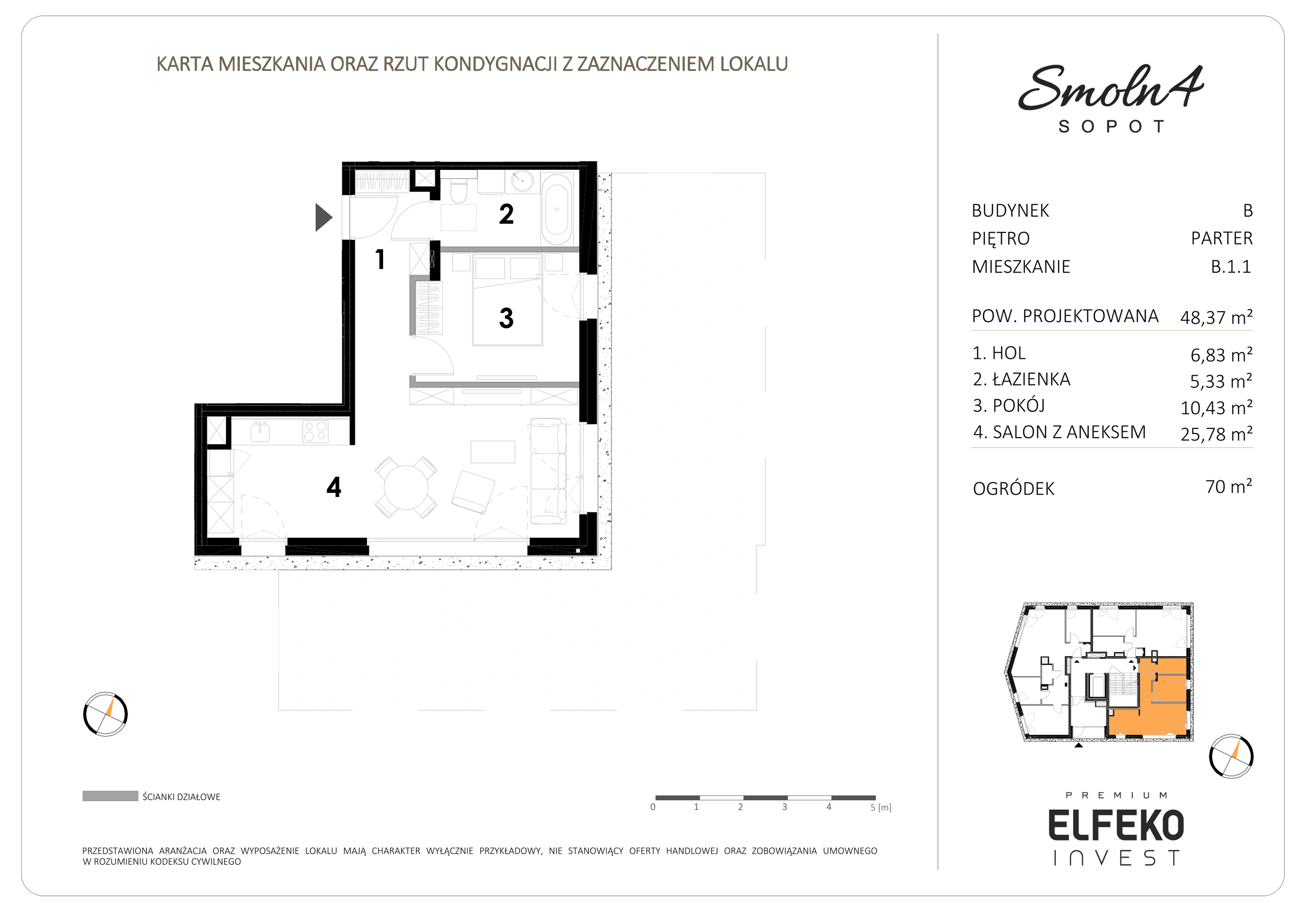 Mieszkanie 48,37 m², parter, oferta nr B.1.1, Smolna 4, Sopot, Świemirowo, ul. Smolna 4-idx