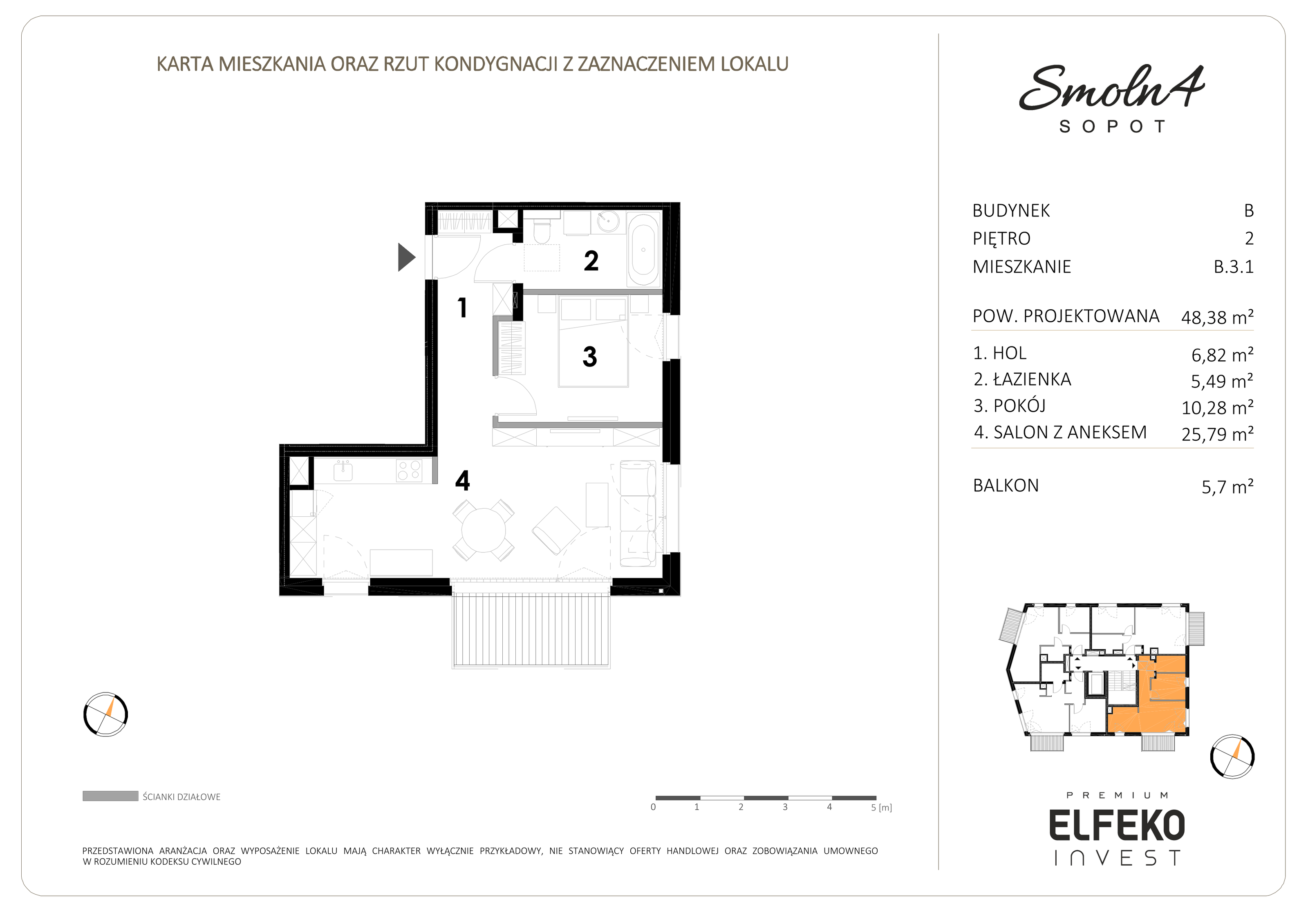 Mieszkanie 48,38 m², piętro 2, oferta nr B.3.1, Smolna 4, Sopot, Świemirowo, ul. Smolna 4-idx