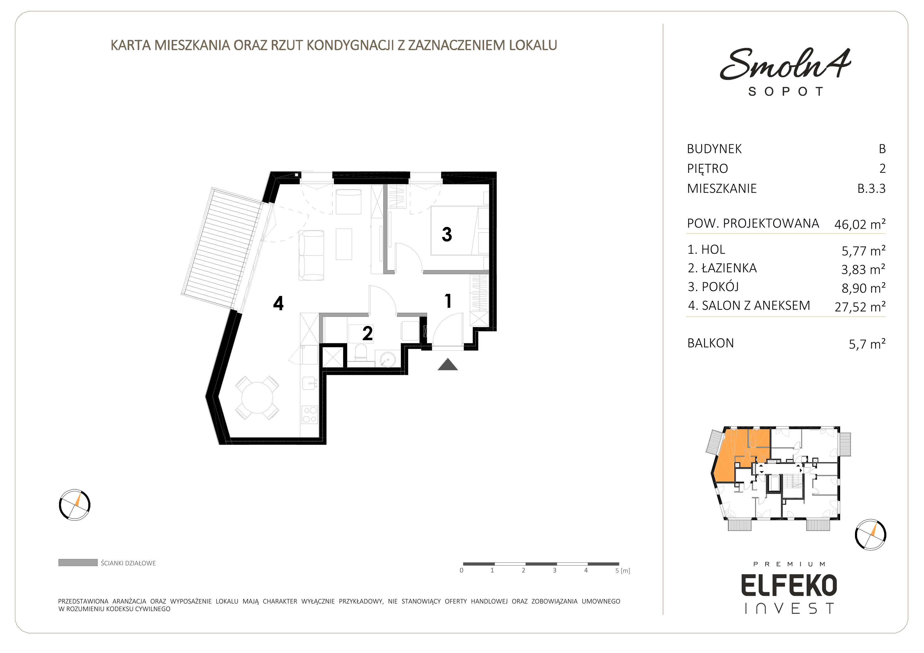 Mieszkanie 46,02 m², piętro 2, oferta nr B.3.3, Smolna 4, Sopot, Świemirowo, ul. Smolna 4-idx