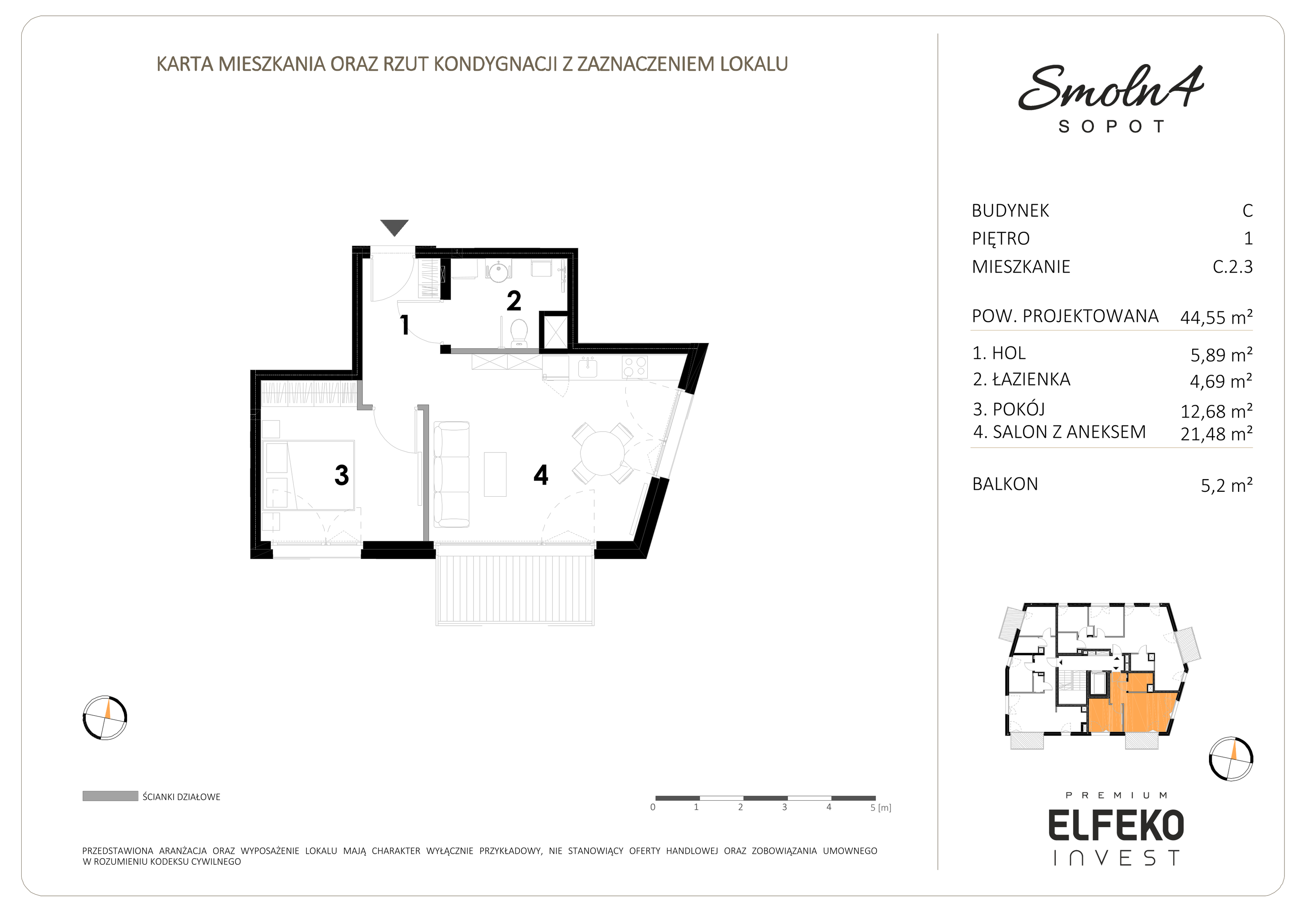 Mieszkanie 44,55 m², piętro 1, oferta nr C.2.3, Smolna 4, Sopot, Świemirowo, ul. Smolna 4-idx