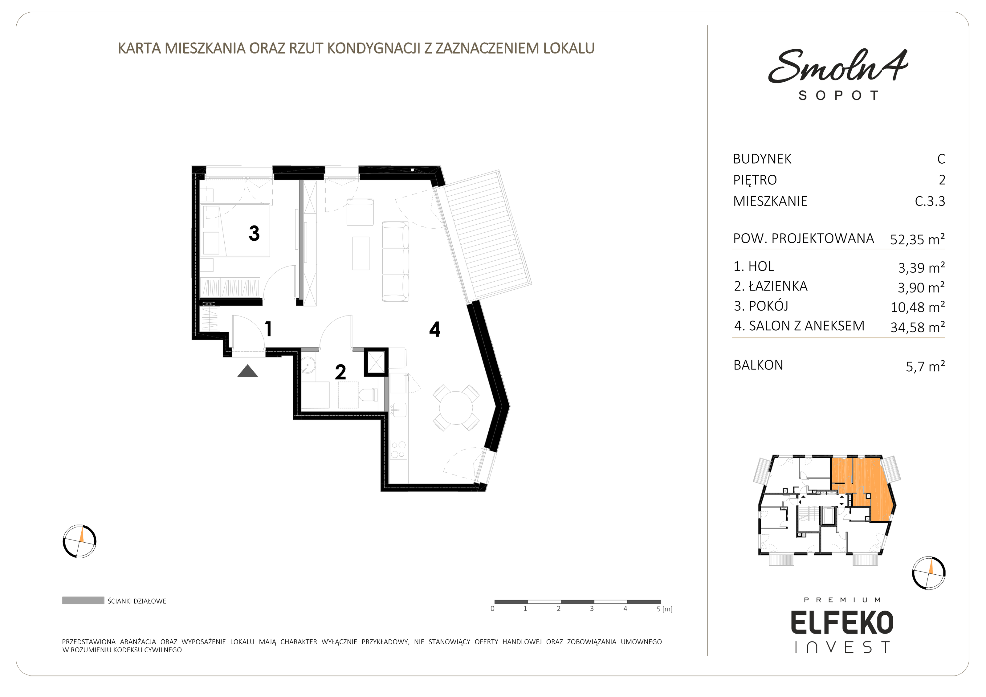 Mieszkanie 52,35 m², piętro 2, oferta nr C.3.3, Smolna 4, Sopot, Świemirowo, ul. Smolna 4-idx