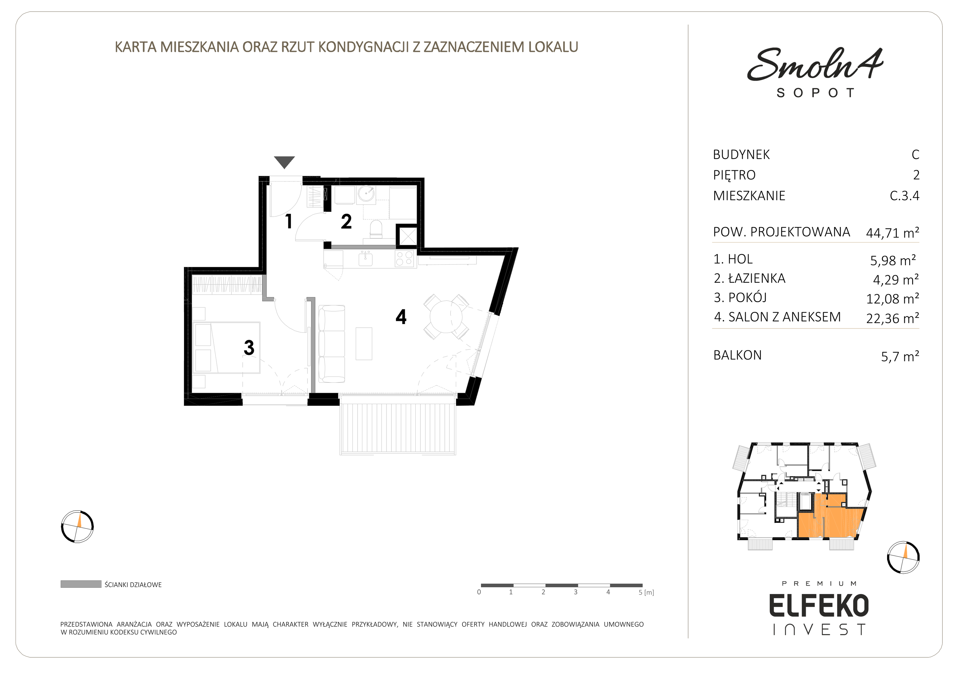 Mieszkanie 44,71 m², piętro 2, oferta nr C.3.4, Smolna 4, Sopot, Świemirowo, ul. Smolna 4-idx