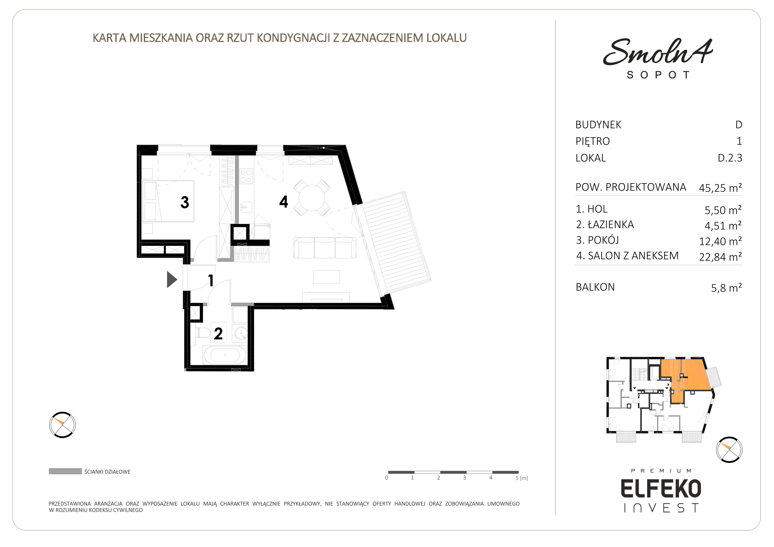 Mieszkanie 45,25 m², piętro 1, oferta nr D.2.3, Smolna 4, Sopot, Świemirowo, ul. Smolna 4-idx