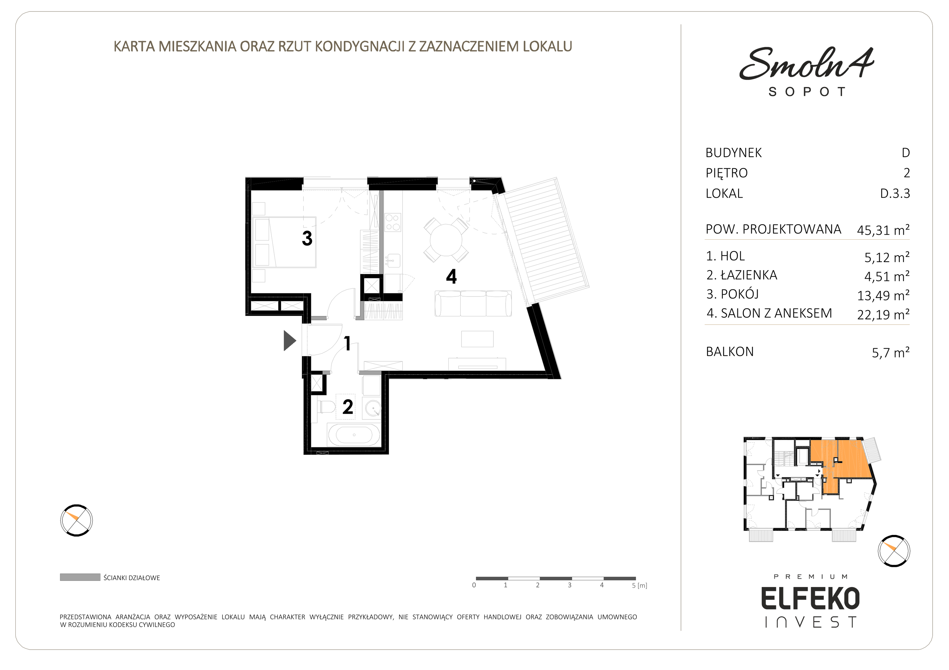 Mieszkanie 45,31 m², piętro 2, oferta nr D.3.3, Smolna 4, Sopot, Świemirowo, ul. Smolna 4-idx