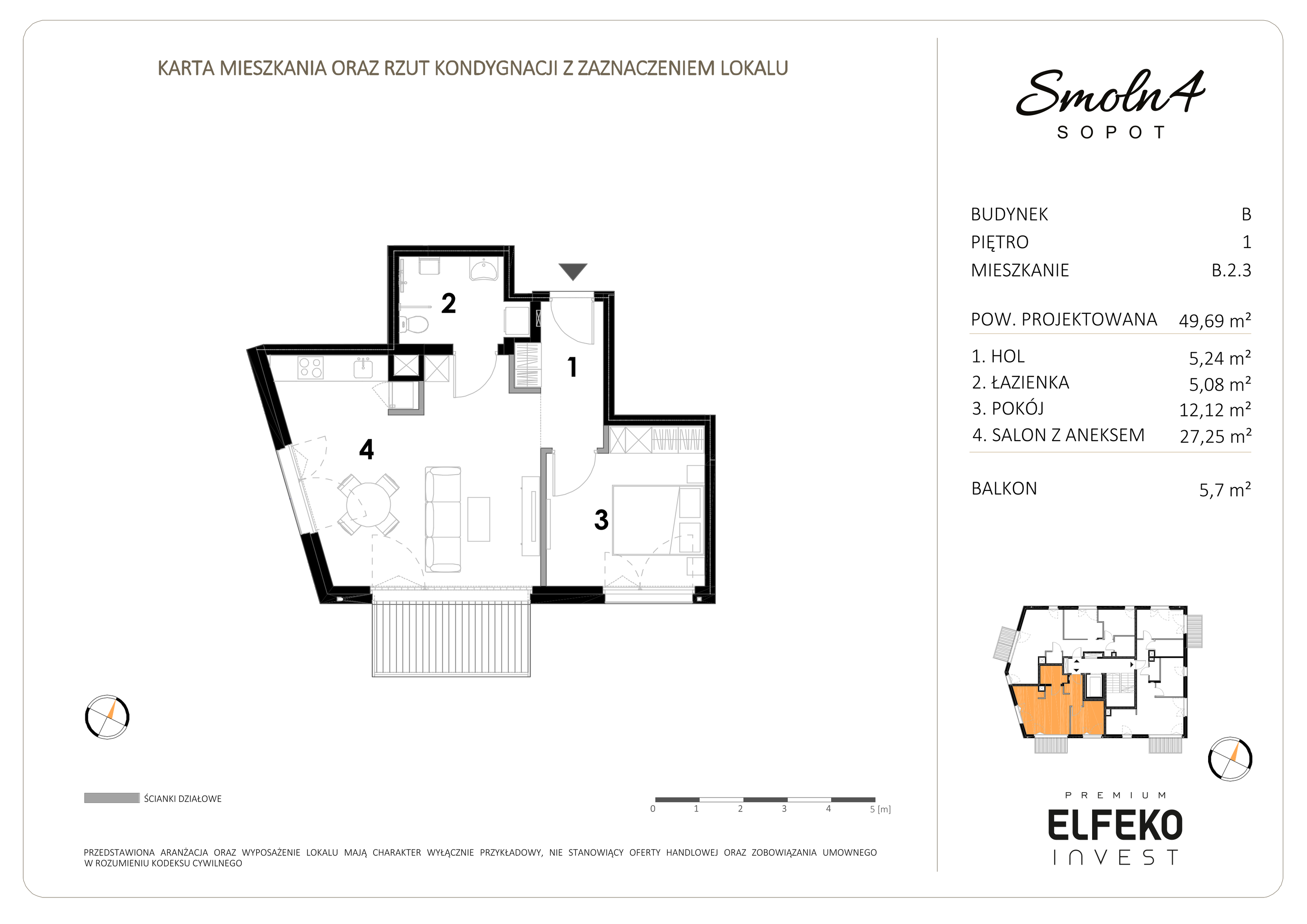 Mieszkanie 49,69 m², piętro 1, oferta nr B.2.3, Smolna 4, Sopot, Świemirowo, ul. Smolna 4-idx