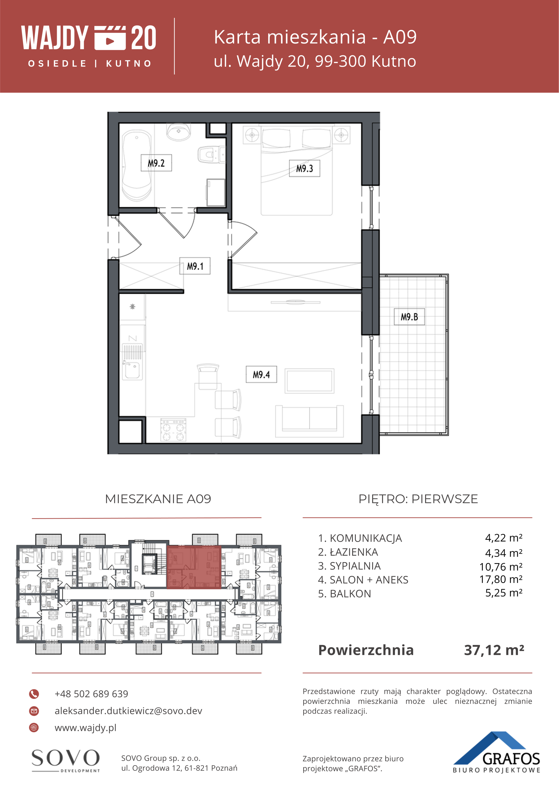 Mieszkanie 37,12 m², piętro 1, oferta nr A09, Osiedle Wajdy 20, Kutno, ul. Andrzeja Wajdy 20-idx