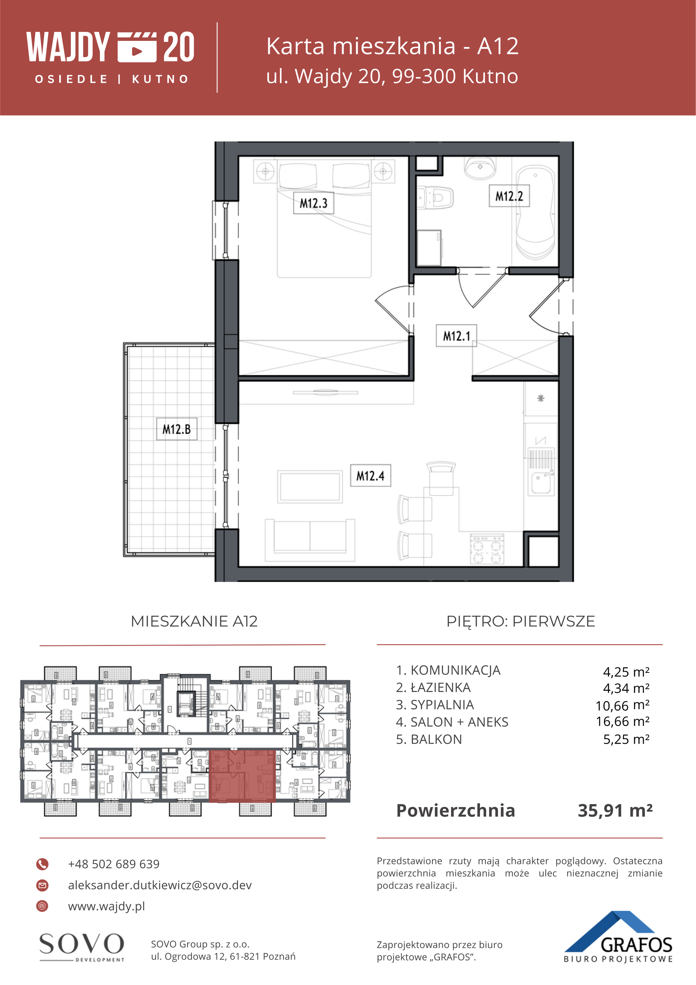 Mieszkanie 35,91 m², piętro 1, oferta nr A12, Osiedle Wajdy 20, Kutno, ul. Andrzeja Wajdy 20-idx