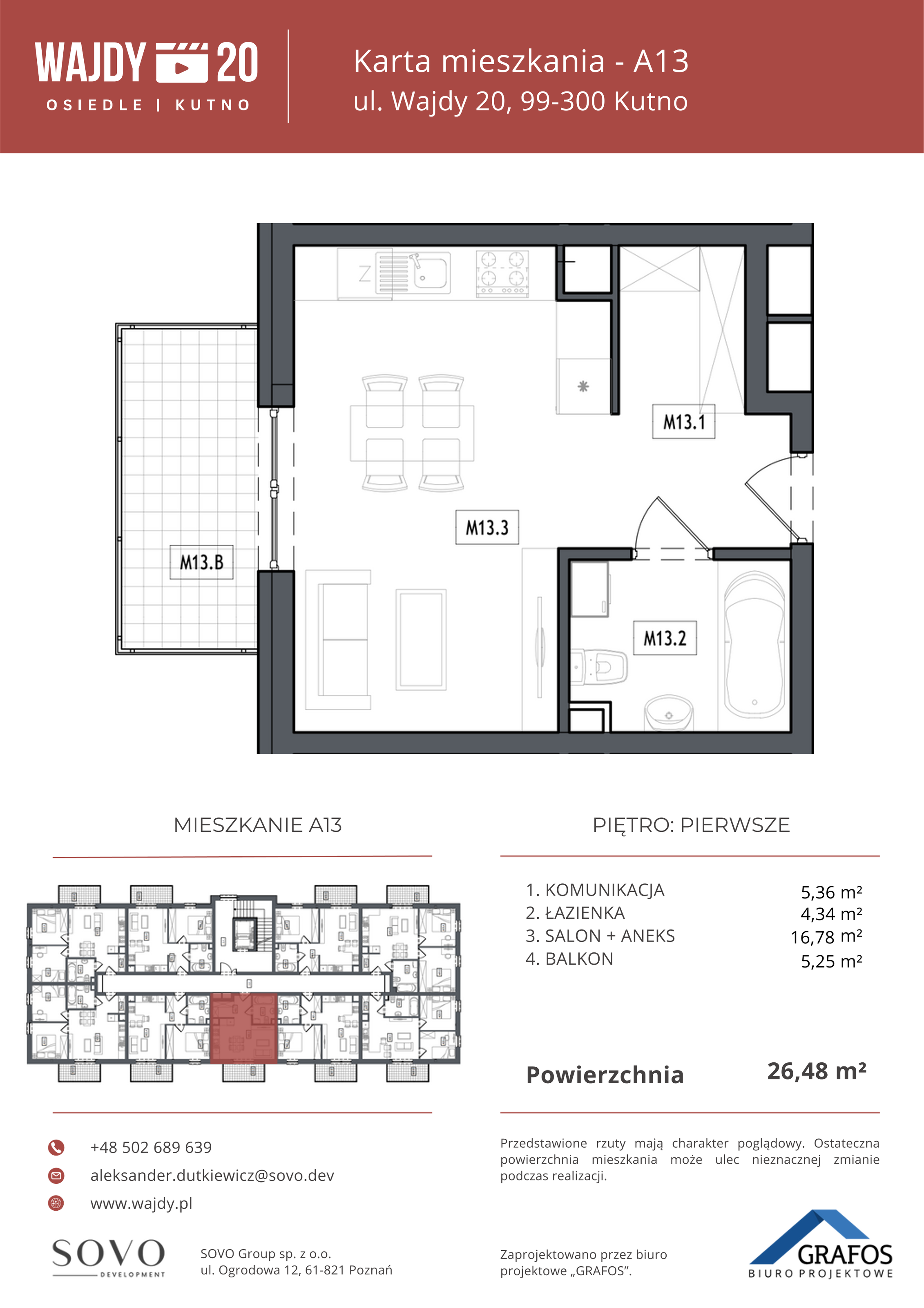 Mieszkanie 26,48 m², piętro 1, oferta nr A13, Osiedle Wajdy 20, Kutno, ul. Andrzeja Wajdy 20-idx