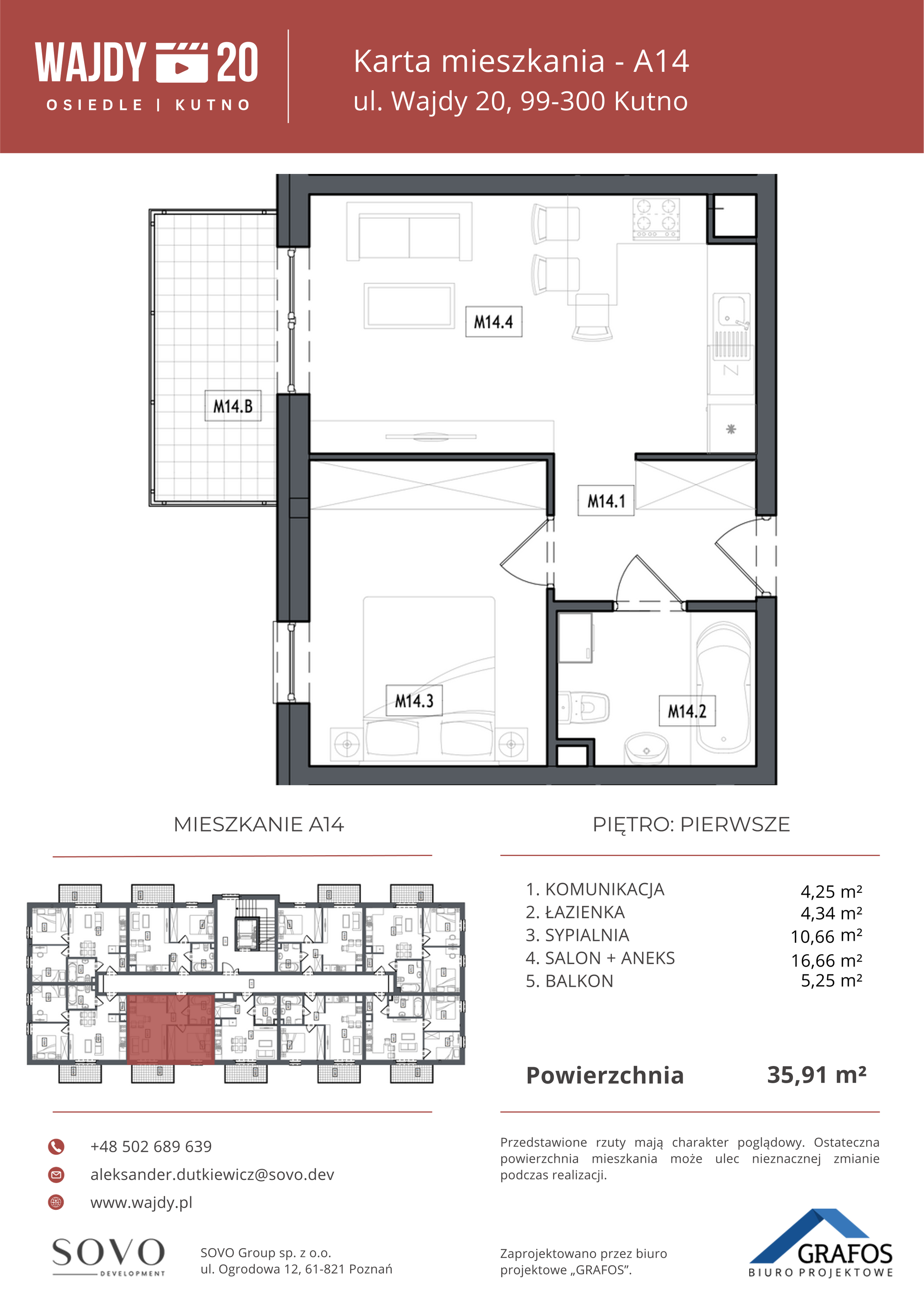 Mieszkanie 35,91 m², piętro 1, oferta nr A14, Osiedle Wajdy 20, Kutno, ul. Andrzeja Wajdy 20-idx