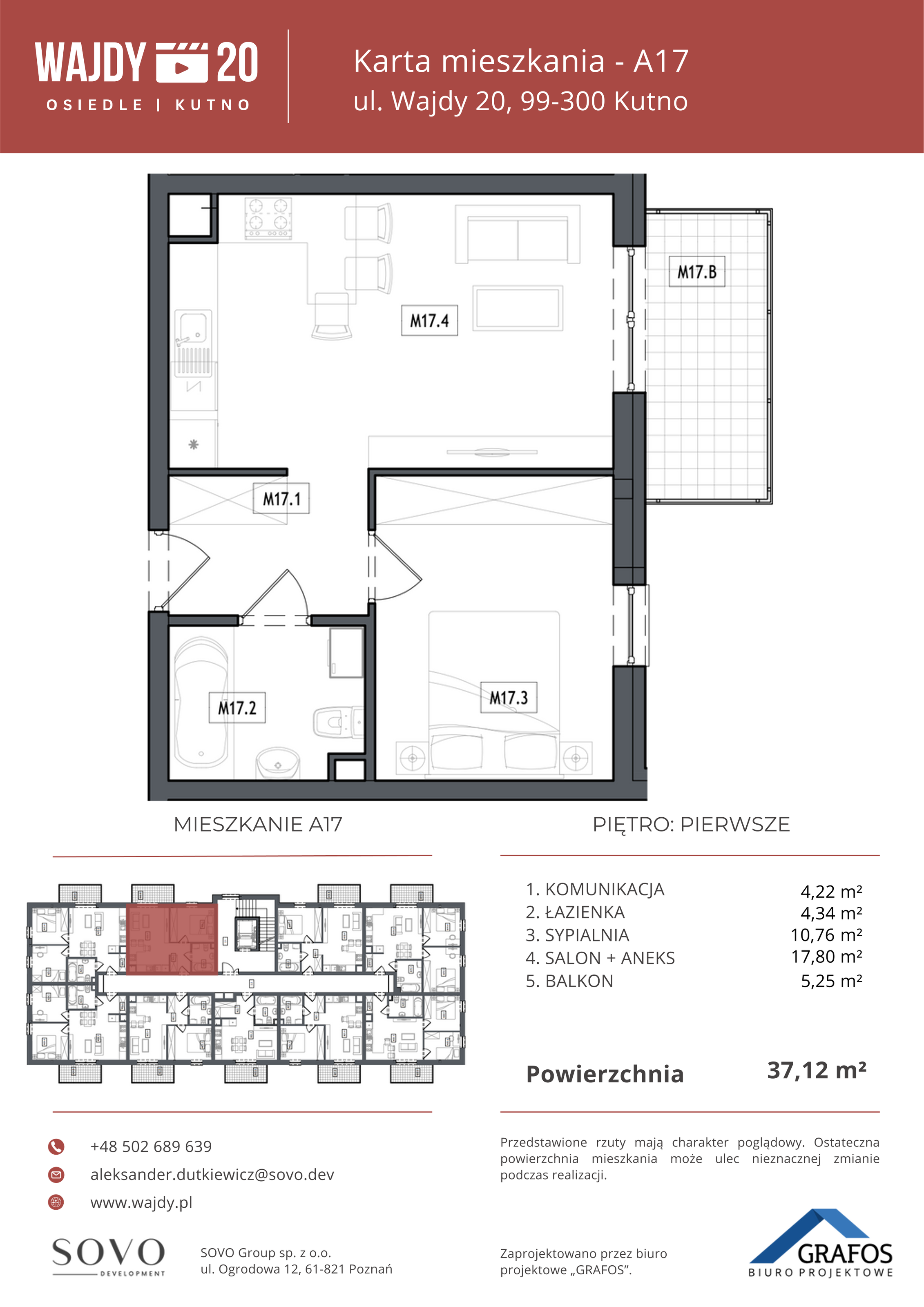 Mieszkanie 37,12 m², piętro 1, oferta nr A17, Osiedle Wajdy 20, Kutno, ul. Andrzeja Wajdy 20-idx