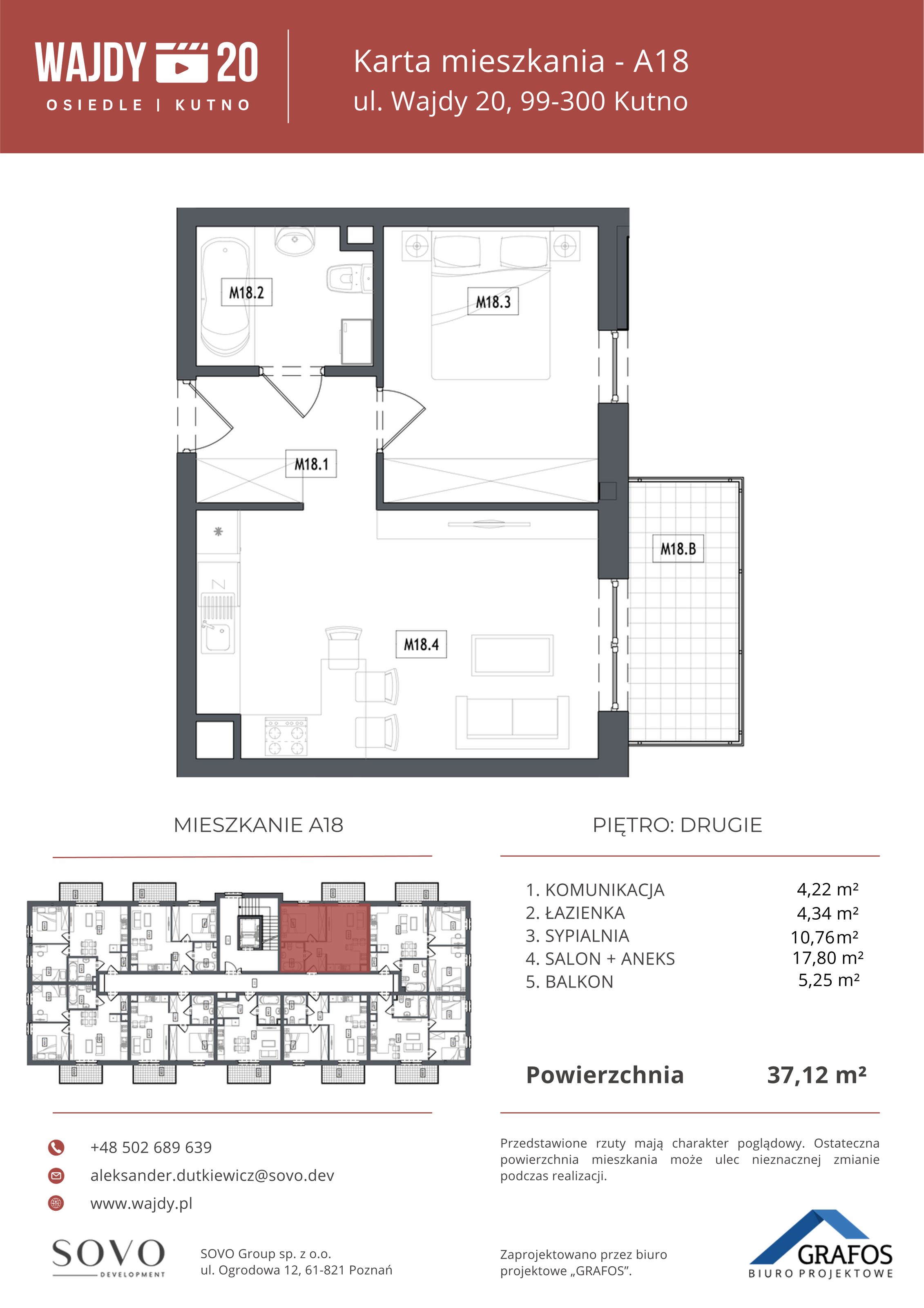 Mieszkanie 37,12 m², piętro 2, oferta nr A18, Osiedle Wajdy 20, Kutno, ul. Andrzeja Wajdy 20-idx