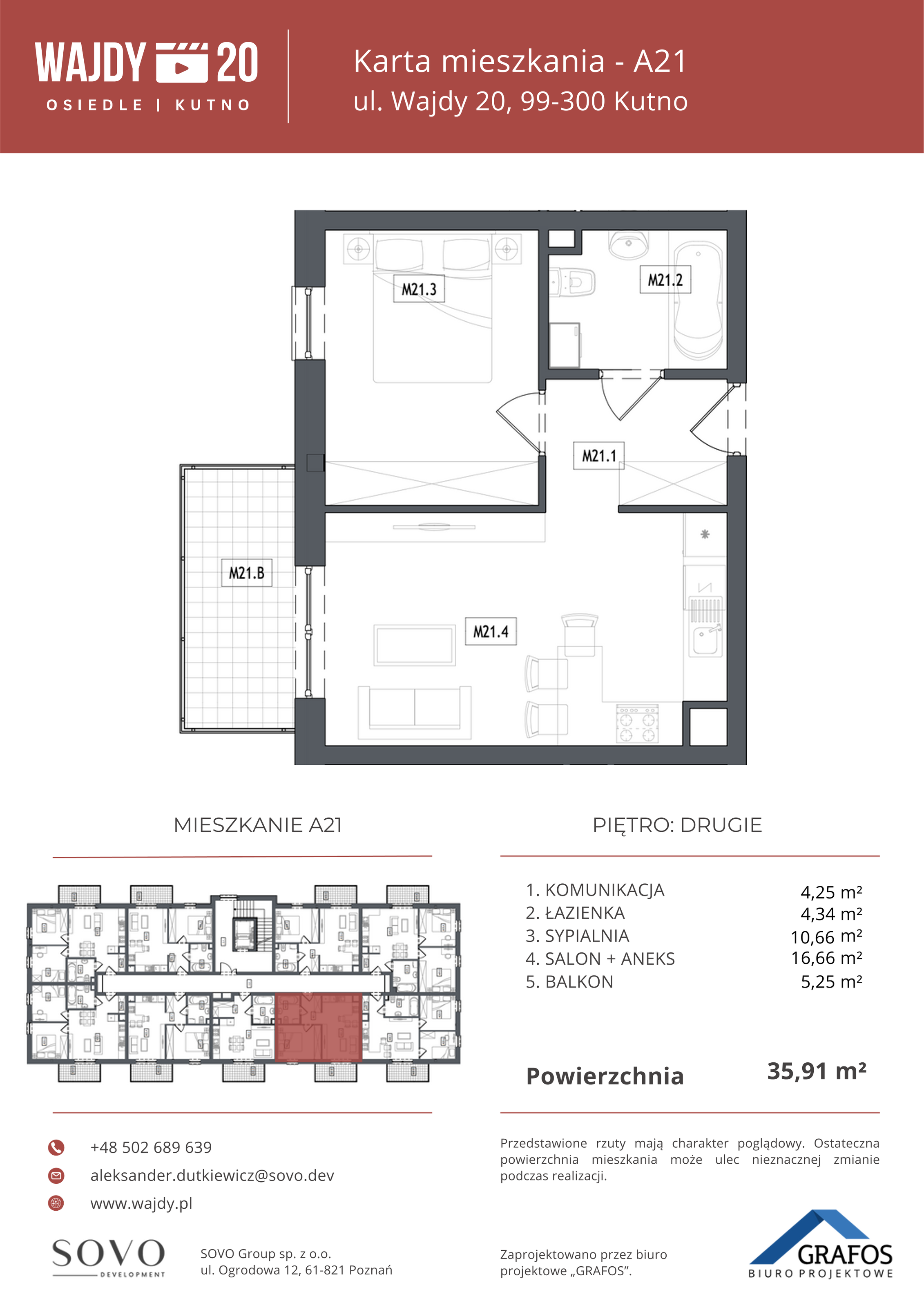 Mieszkanie 35,91 m², piętro 2, oferta nr A21, Osiedle Wajdy 20, Kutno, ul. Andrzeja Wajdy 20-idx