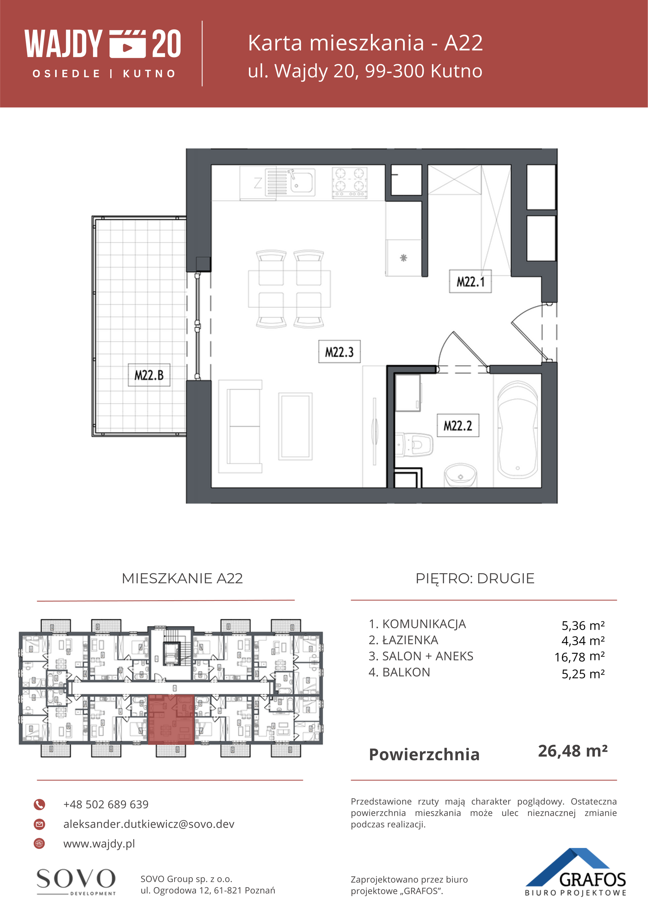 Mieszkanie 26,48 m², piętro 2, oferta nr A22, Osiedle Wajdy 20, Kutno, ul. Andrzeja Wajdy 20-idx