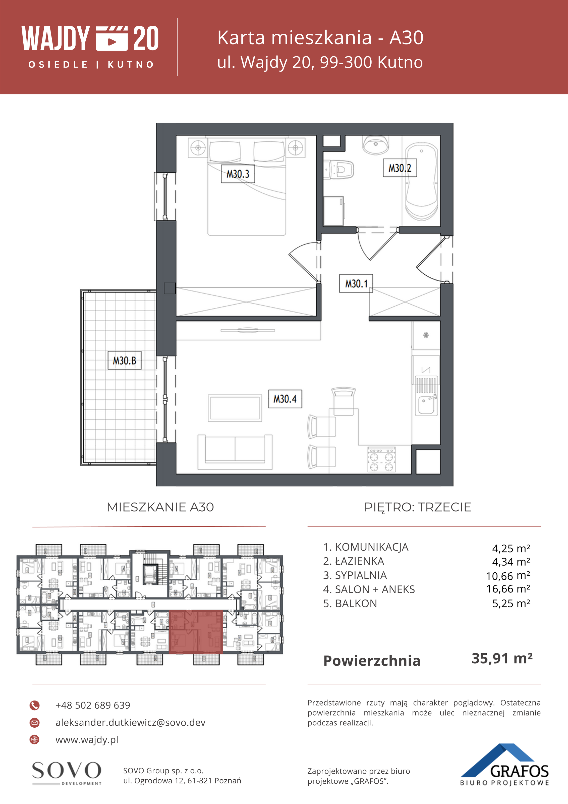 Mieszkanie 35,91 m², piętro 3, oferta nr A30, Osiedle Wajdy 20, Kutno, ul. Andrzeja Wajdy 20-idx