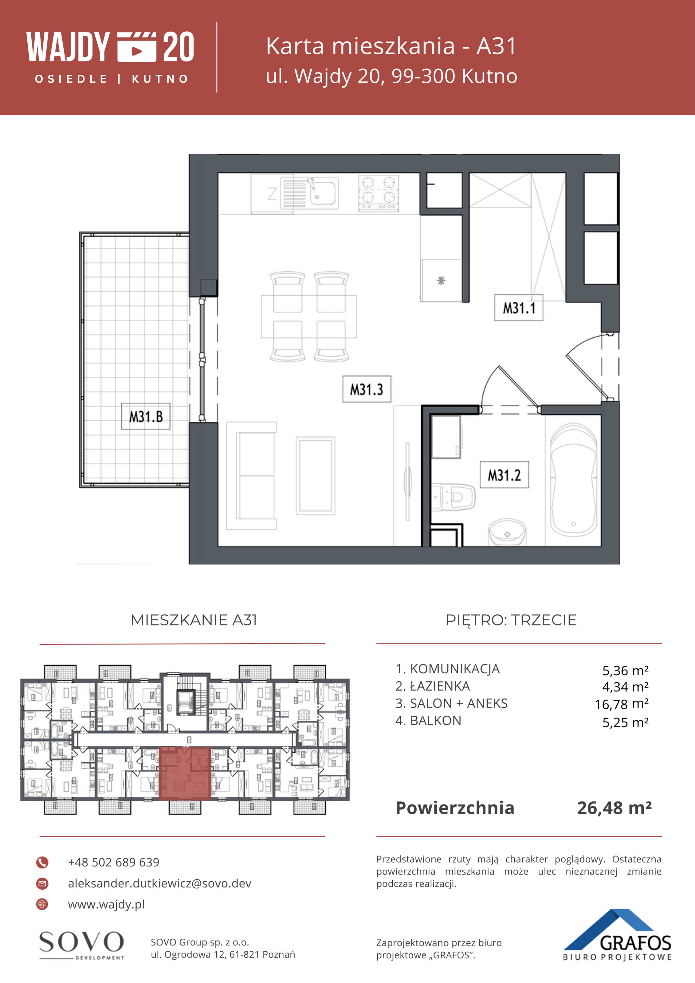 Mieszkanie 26,48 m², piętro 3, oferta nr A31, Osiedle Wajdy 20, Kutno, ul. Andrzeja Wajdy 20-idx