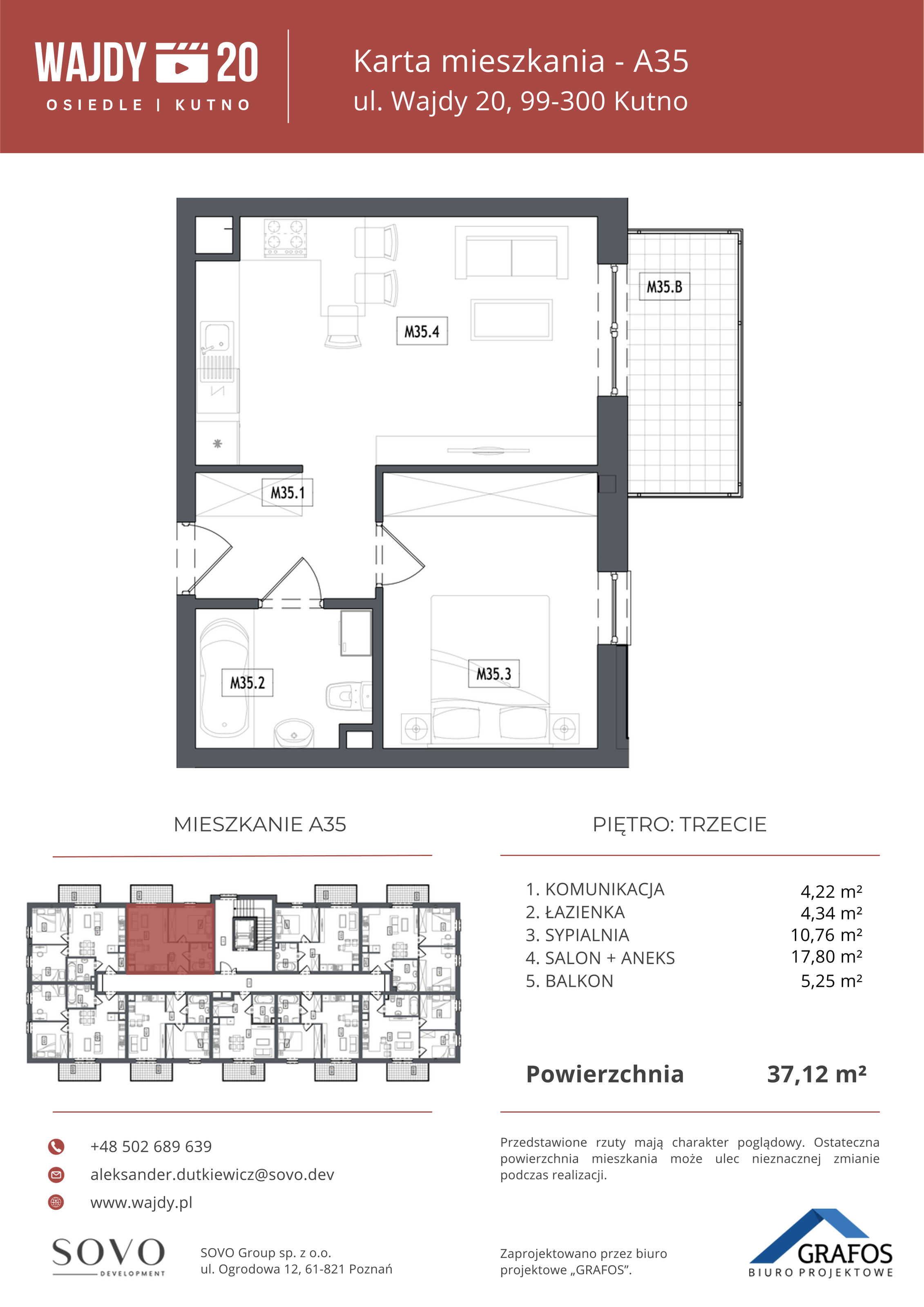 Mieszkanie 37,12 m², piętro 3, oferta nr A35, Osiedle Wajdy 20, Kutno, ul. Andrzeja Wajdy 20-idx