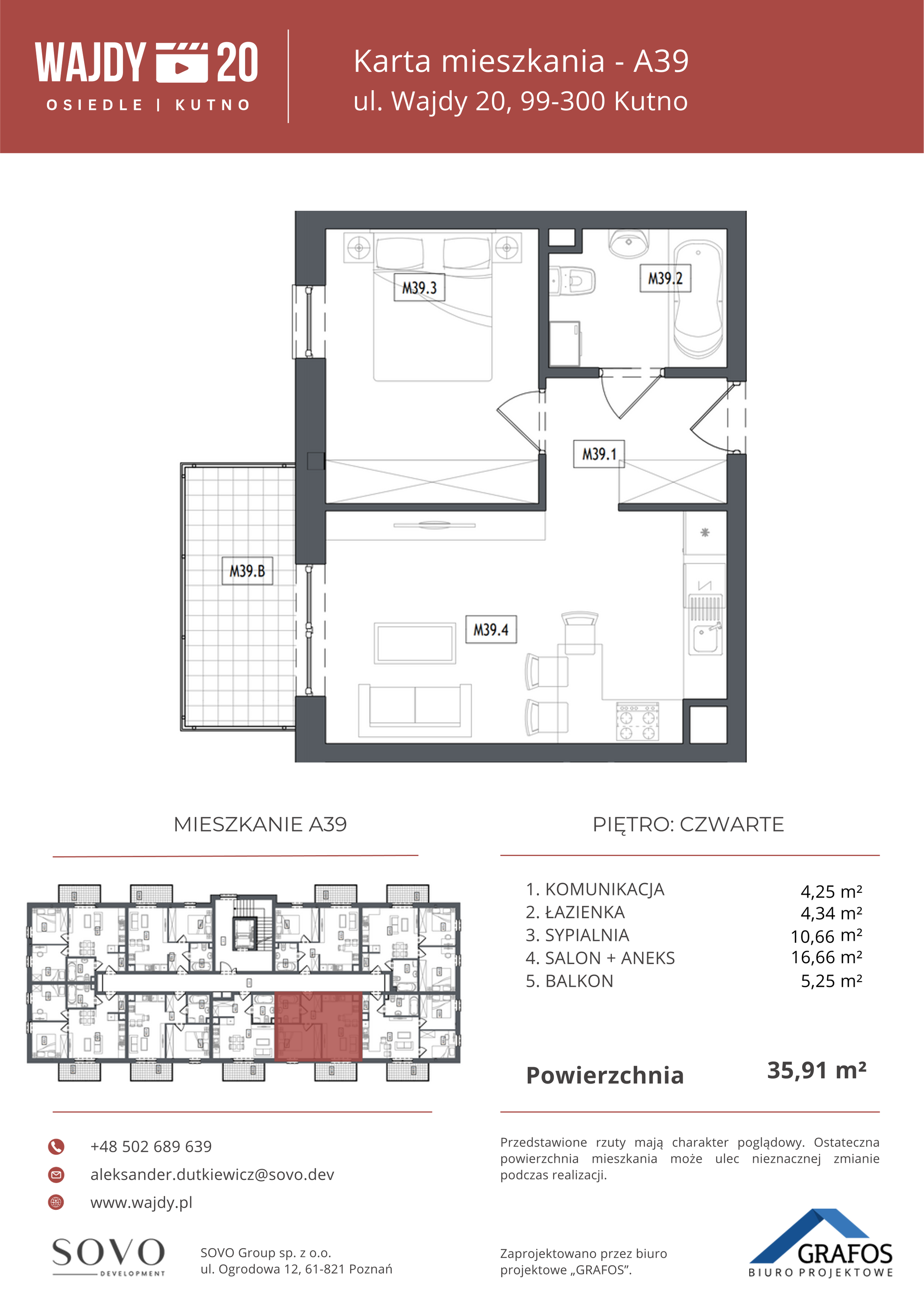 Mieszkanie 35,91 m², piętro 4, oferta nr A39, Osiedle Wajdy 20, Kutno, ul. Andrzeja Wajdy 20-idx