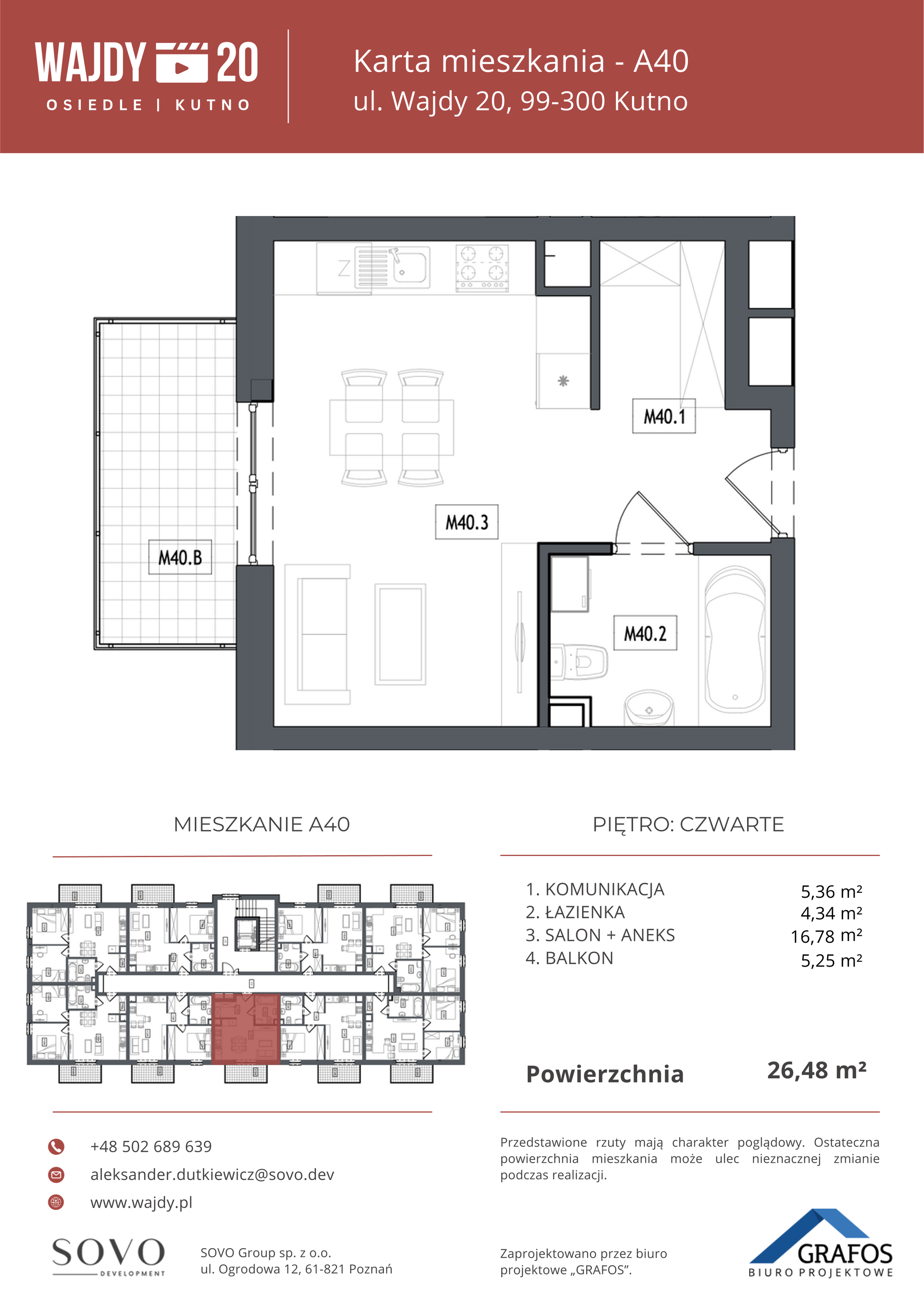 Mieszkanie 26,48 m², piętro 4, oferta nr A40, Osiedle Wajdy 20, Kutno, ul. Andrzeja Wajdy 20-idx