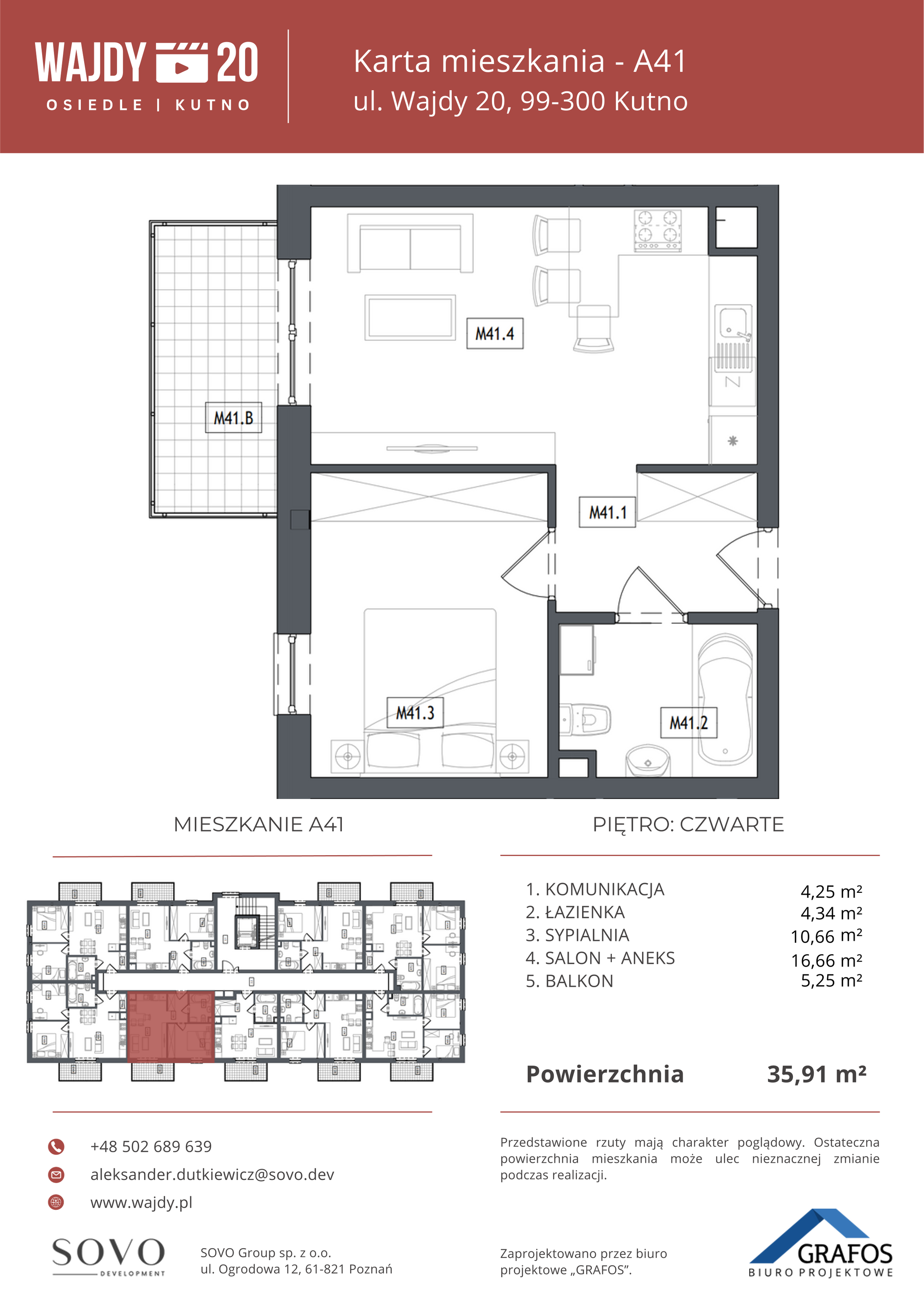 Mieszkanie 35,91 m², piętro 4, oferta nr A41, Osiedle Wajdy 20, Kutno, ul. Andrzeja Wajdy 20-idx