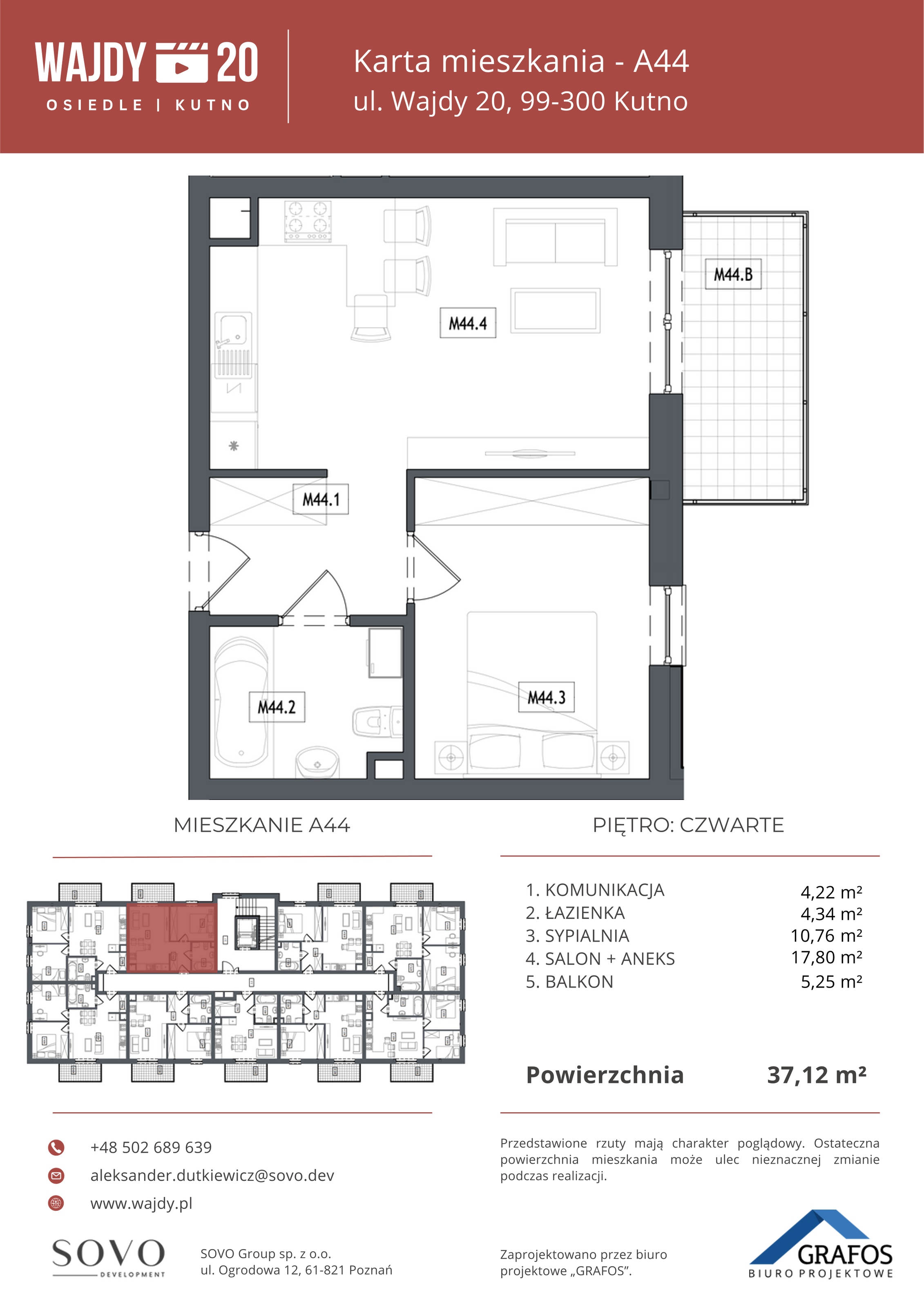 Mieszkanie 37,12 m², piętro 4, oferta nr A44, Osiedle Wajdy 20, Kutno, ul. Andrzeja Wajdy 20-idx