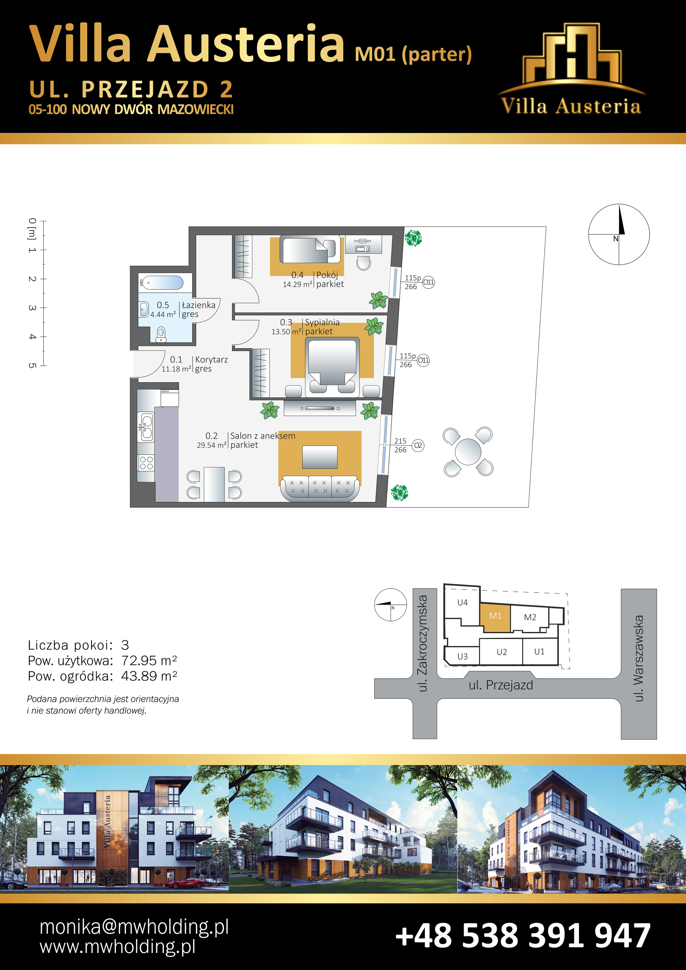 Mieszkanie 72,95 m², parter, oferta nr M01, Villa Austeria, Nowy Dwór Mazowiecki, Kępa Nowodworska, Kępa Nowodworska, ul. Przejazd 2-idx