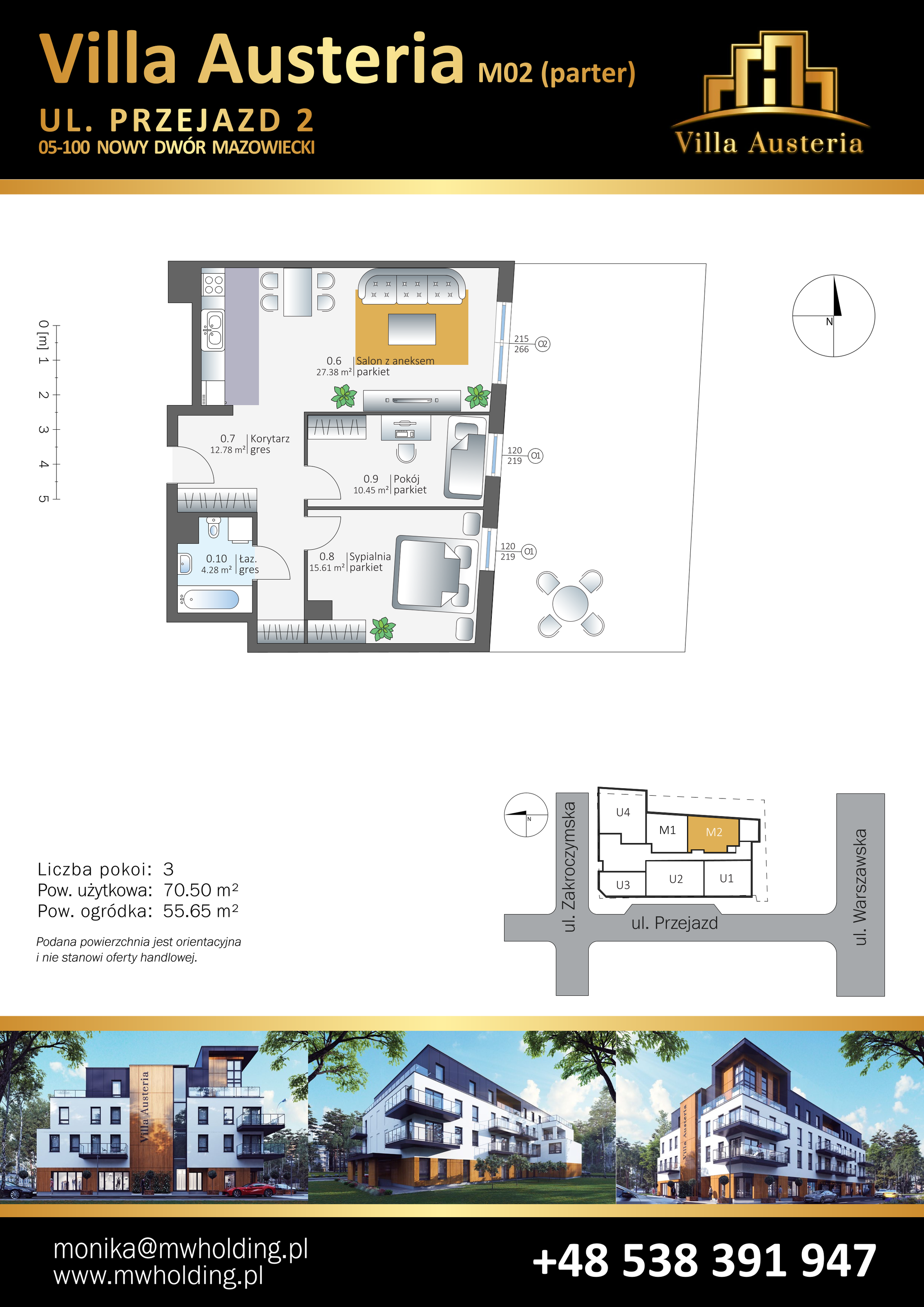 Mieszkanie 70,50 m², parter, oferta nr M02, Villa Austeria, Nowy Dwór Mazowiecki, Kępa Nowodworska, Kępa Nowodworska, ul. Przejazd 2-idx