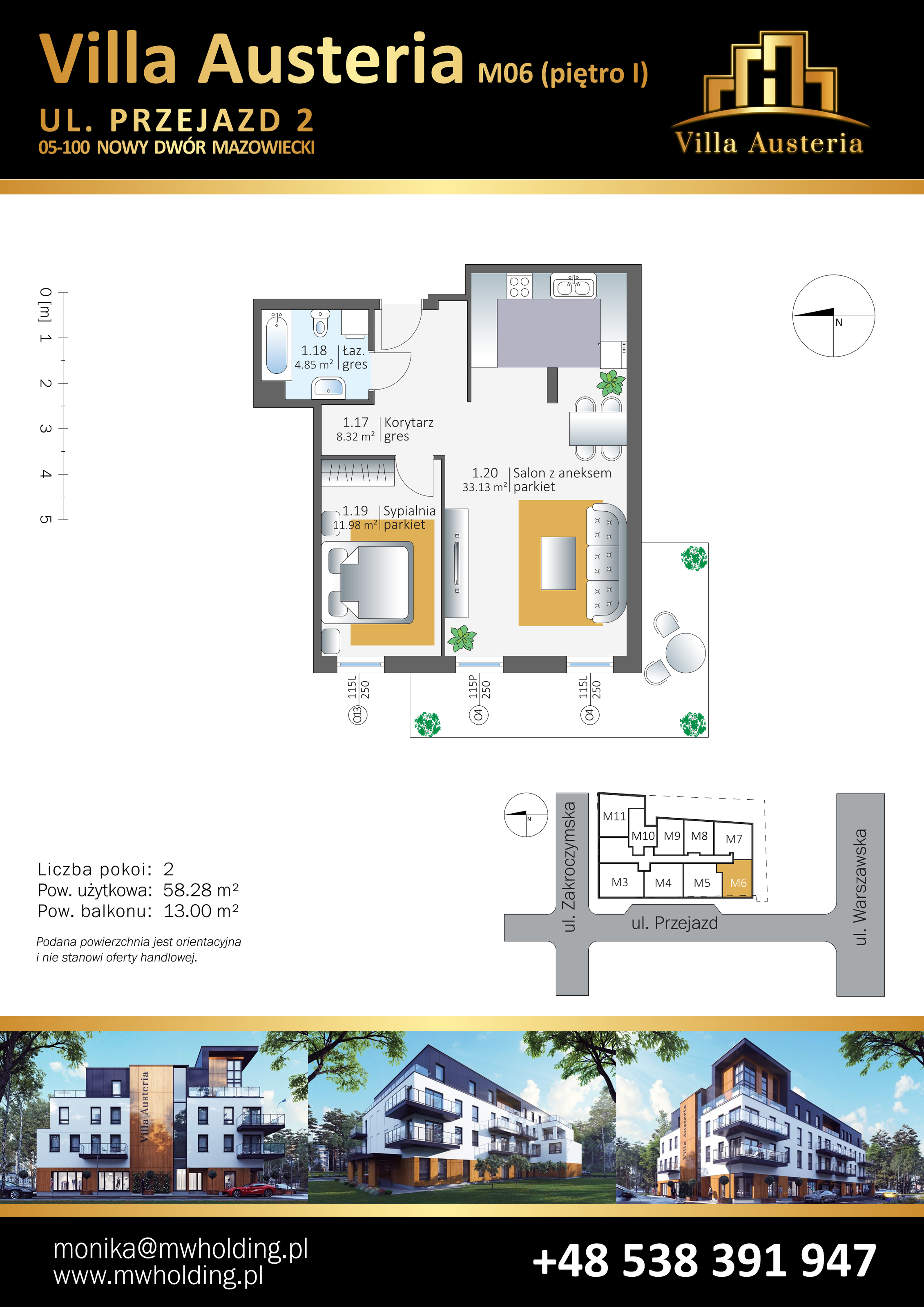 Mieszkanie 58,28 m², piętro 1, oferta nr M06, Villa Austeria, Nowy Dwór Mazowiecki, Kępa Nowodworska, Kępa Nowodworska, ul. Przejazd 2-idx