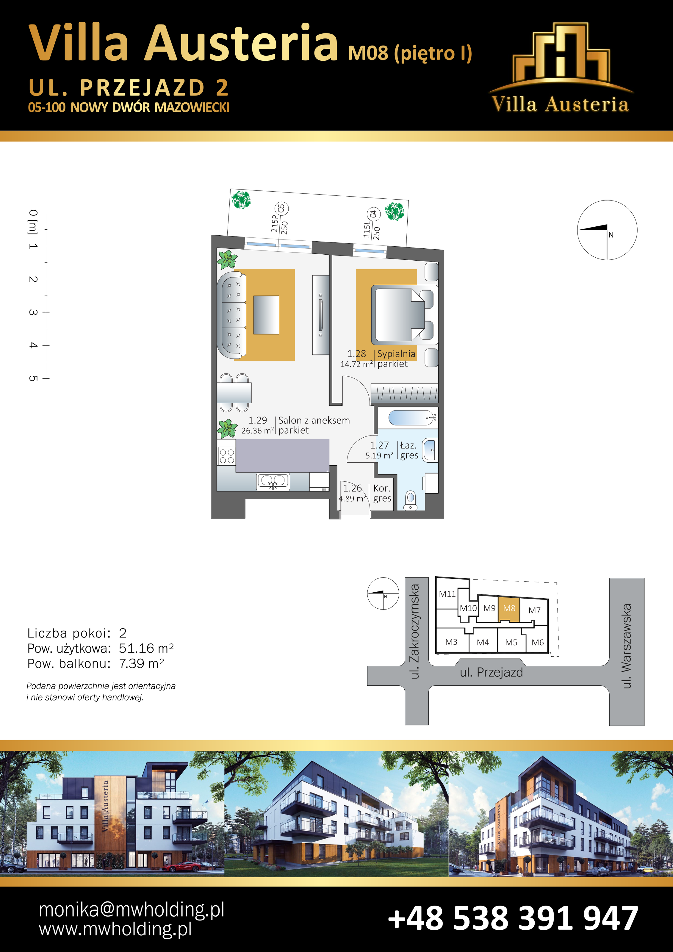 Mieszkanie 51,16 m², piętro 1, oferta nr M08, Villa Austeria, Nowy Dwór Mazowiecki, Kępa Nowodworska, Kępa Nowodworska, ul. Przejazd 2-idx