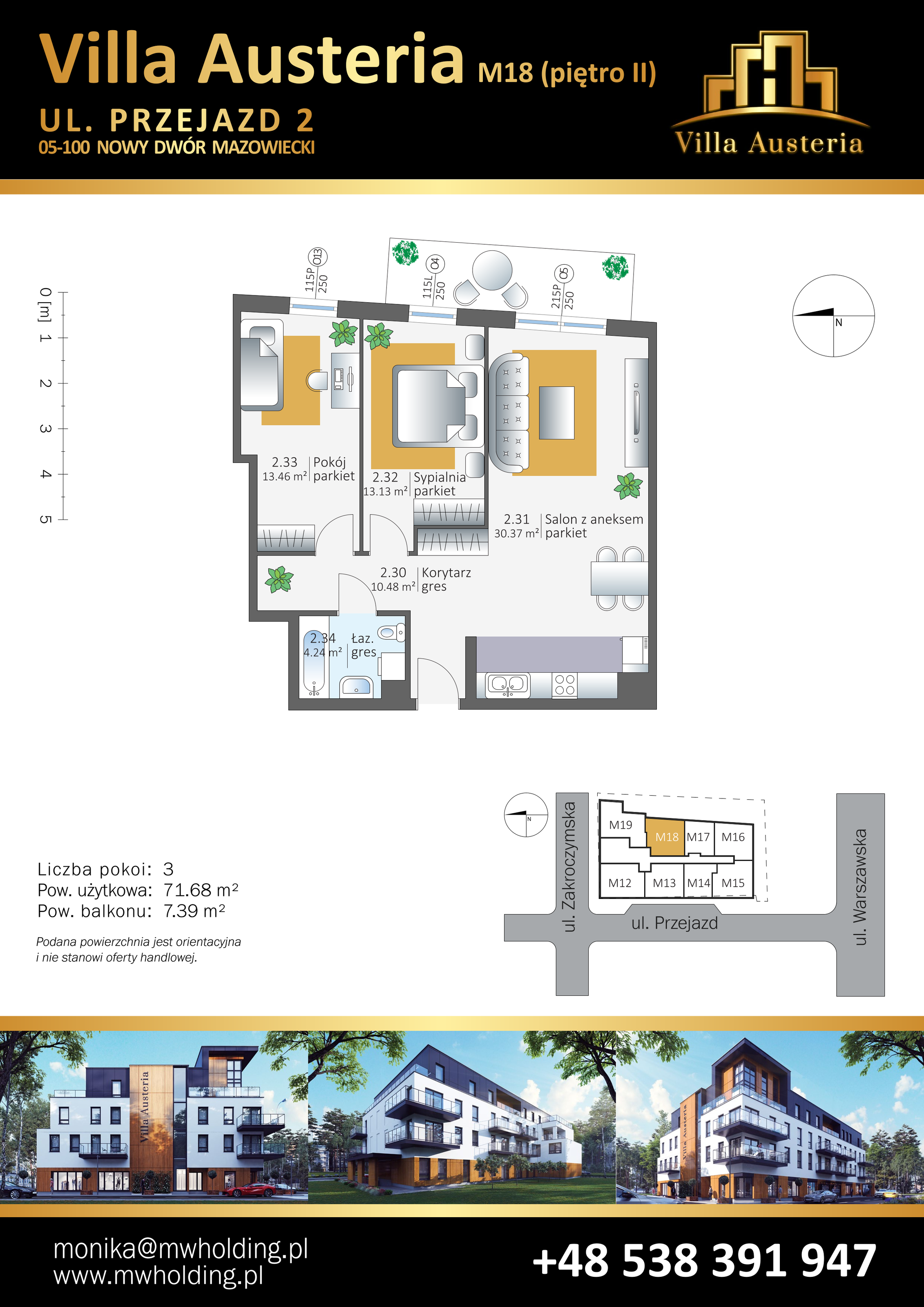 Mieszkanie 71,68 m², piętro 2, oferta nr M18, Villa Austeria, Nowy Dwór Mazowiecki, Kępa Nowodworska, Kępa Nowodworska, ul. Przejazd 2-idx