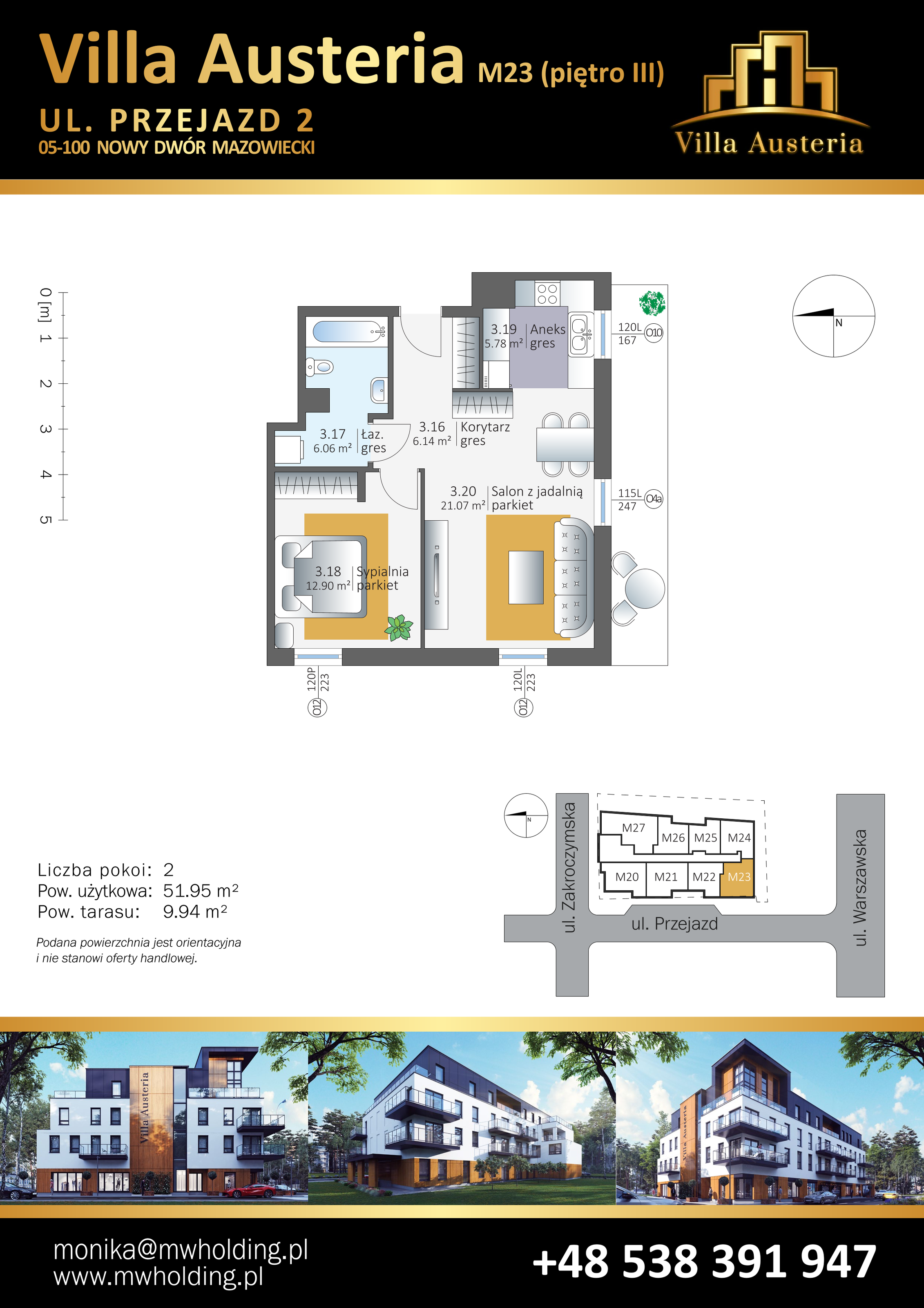 Mieszkanie 51,95 m², piętro 3, oferta nr M23, Villa Austeria, Nowy Dwór Mazowiecki, Kępa Nowodworska, Kępa Nowodworska, ul. Przejazd 2-idx