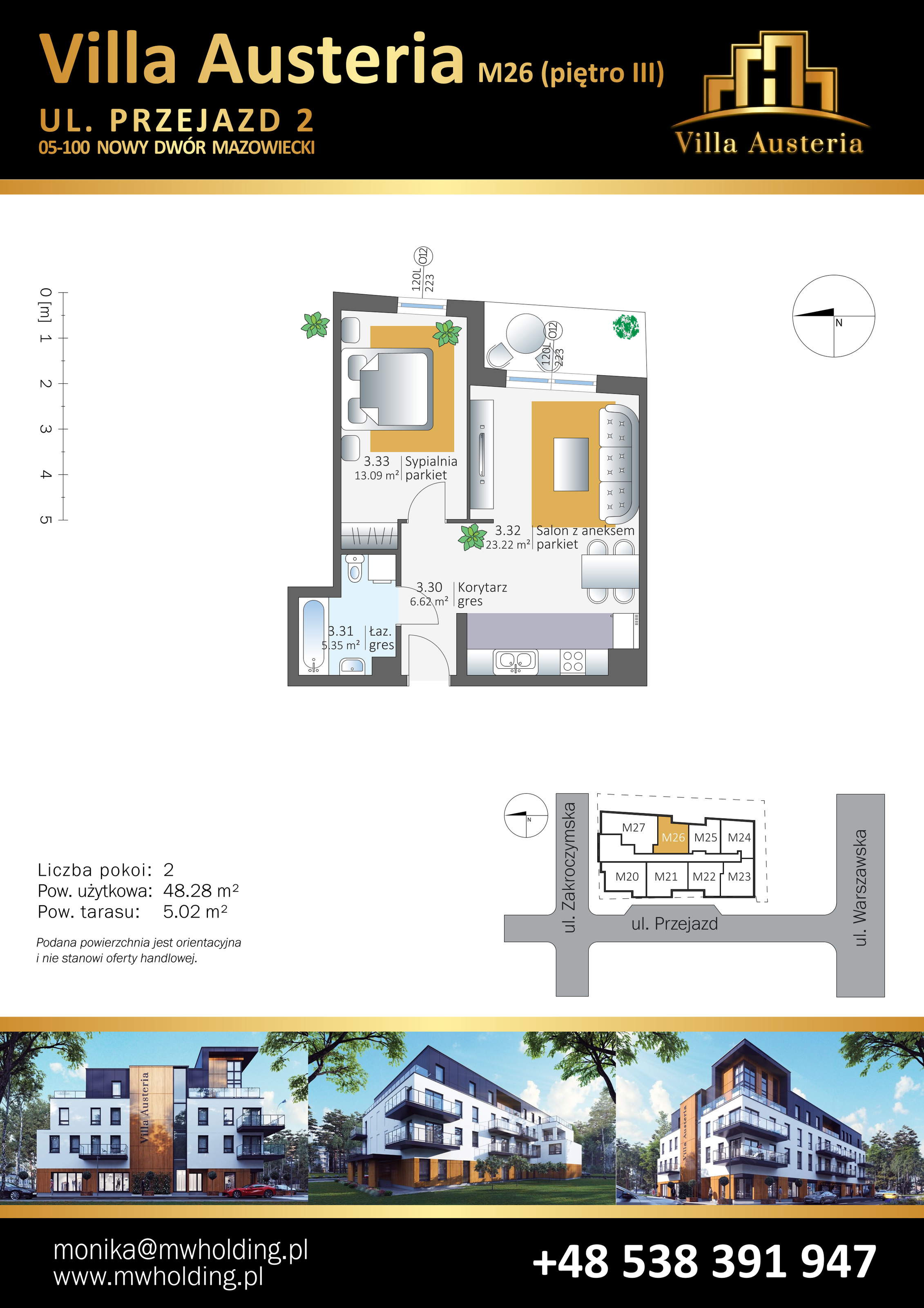 Mieszkanie 48,28 m², piętro 3, oferta nr M26, Villa Austeria, Nowy Dwór Mazowiecki, Kępa Nowodworska, Kępa Nowodworska, ul. Przejazd 2-idx