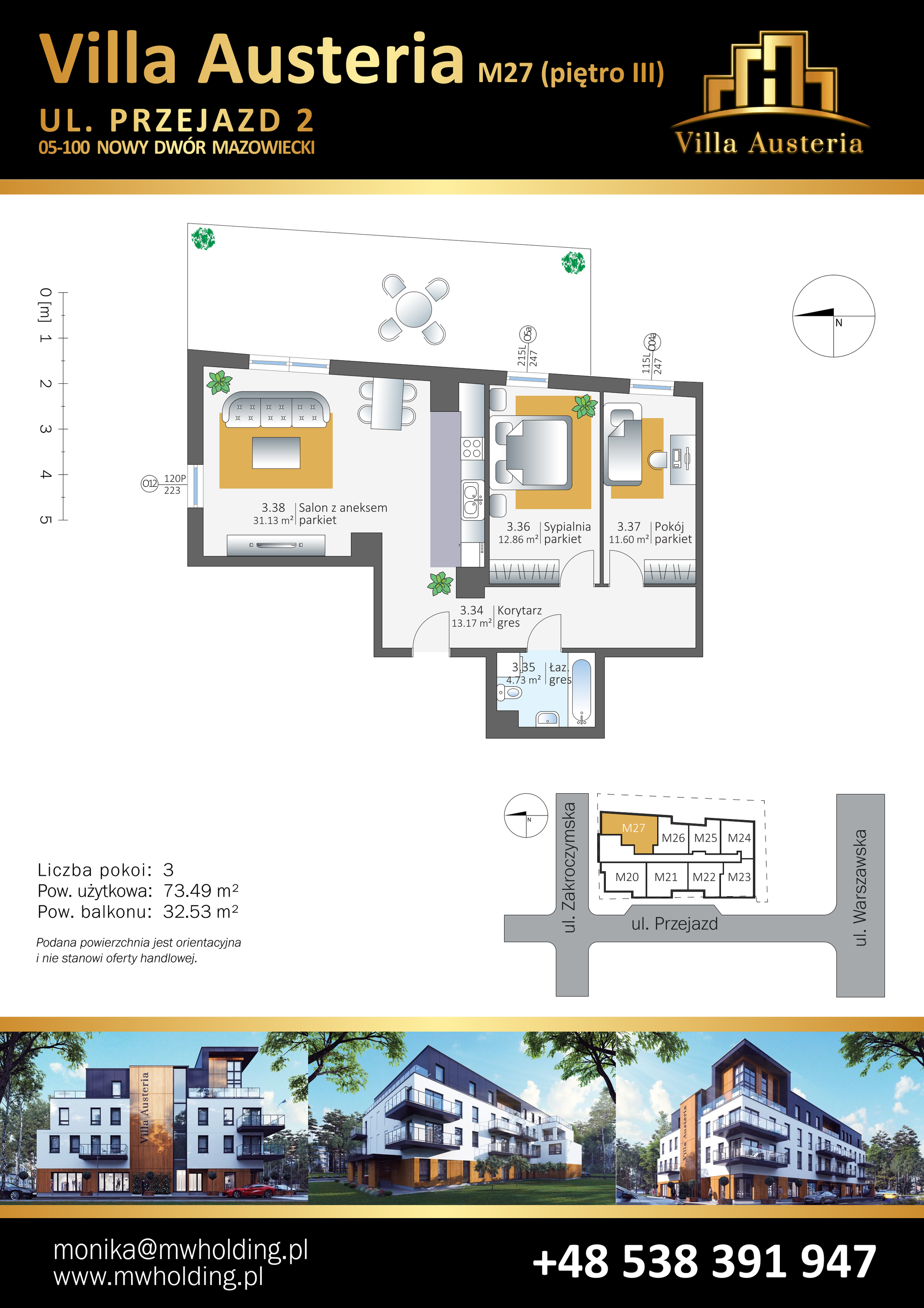 Mieszkanie 73,49 m², piętro 3, oferta nr M27, Villa Austeria, Nowy Dwór Mazowiecki, Kępa Nowodworska, Kępa Nowodworska, ul. Przejazd 2-idx