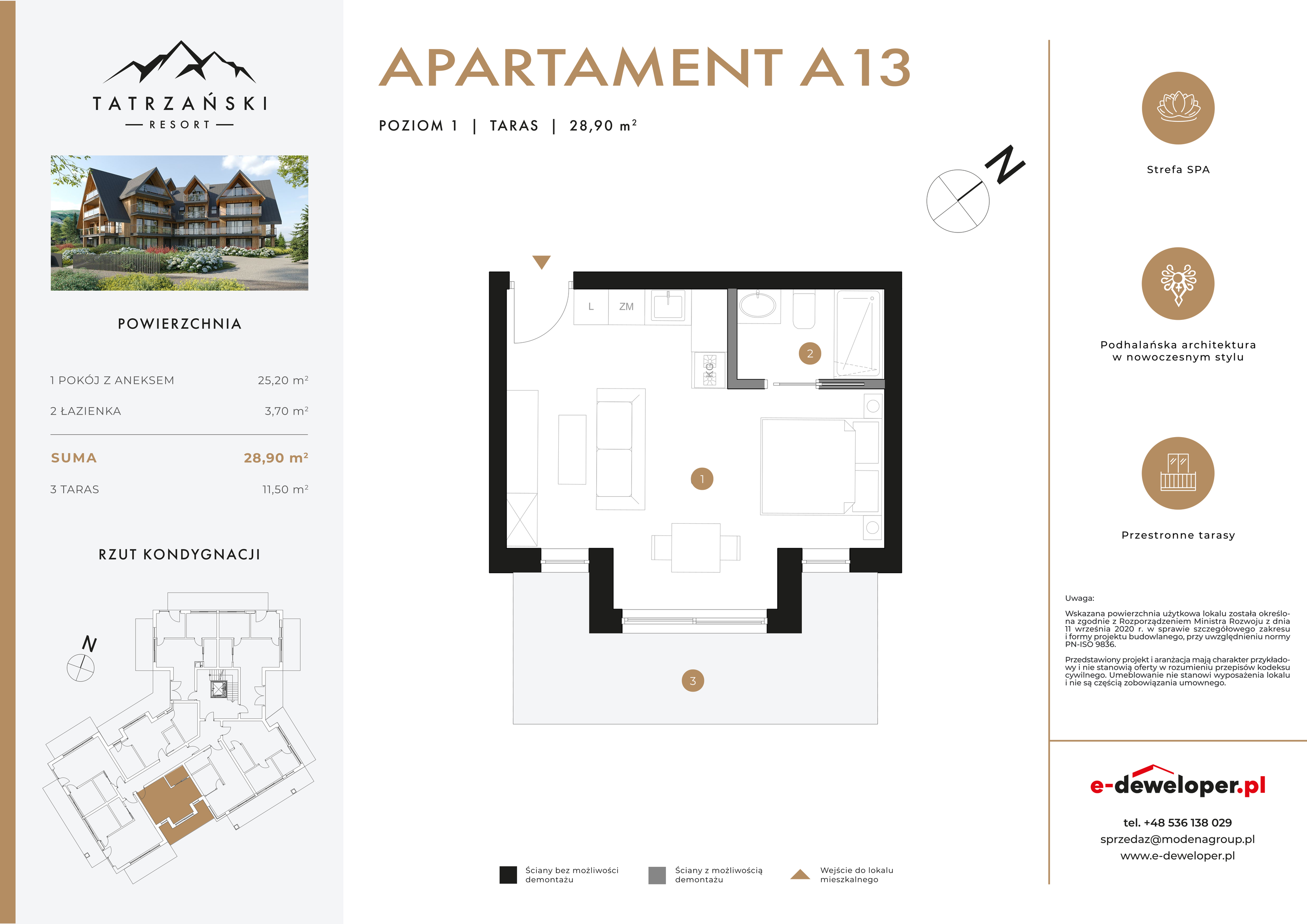 Apartament 28,90 m², piętro 1, oferta nr A13, Tatrzański Resort, Białka Tatrzańska, ul. Środkowa 75-idx