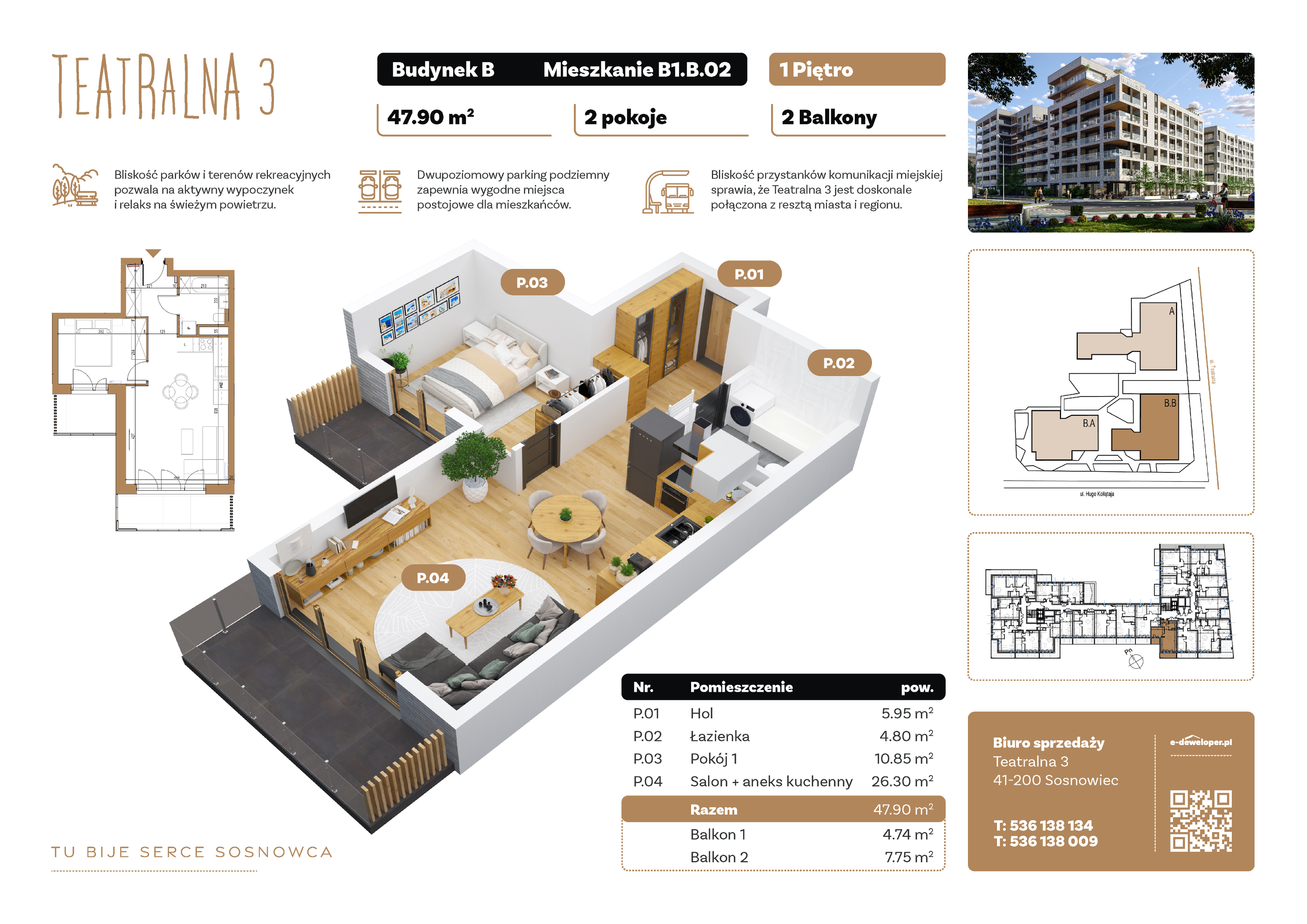 Mieszkanie 47,90 m², piętro 1, oferta nr B1.B.02, Teatralna 3, Sosnowiec, Śródmieście, ul. Teatralna 3-idx