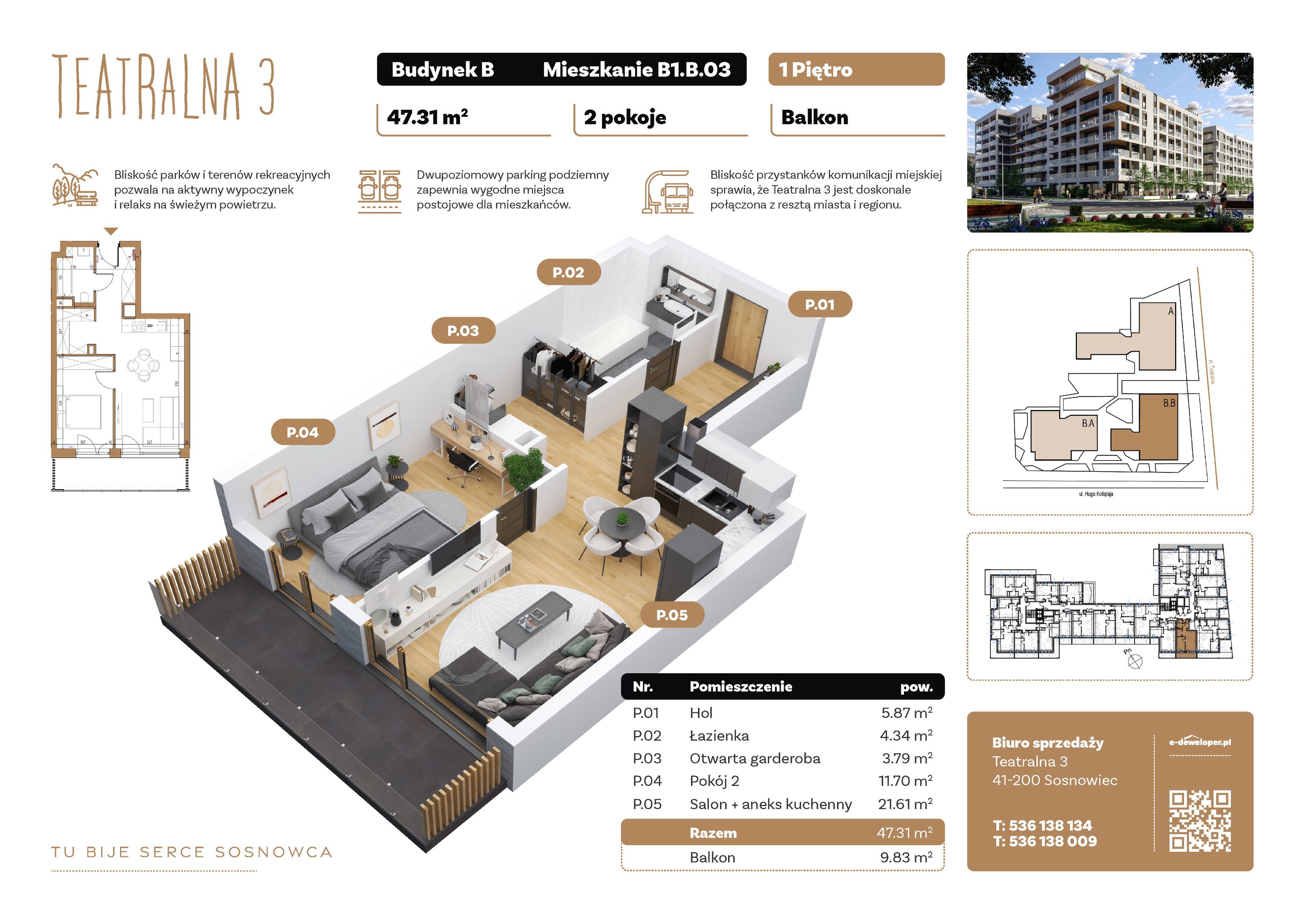 Mieszkanie 47,31 m², piętro 1, oferta nr B1.B.03, Teatralna 3, Sosnowiec, Śródmieście, ul. Teatralna 3-idx