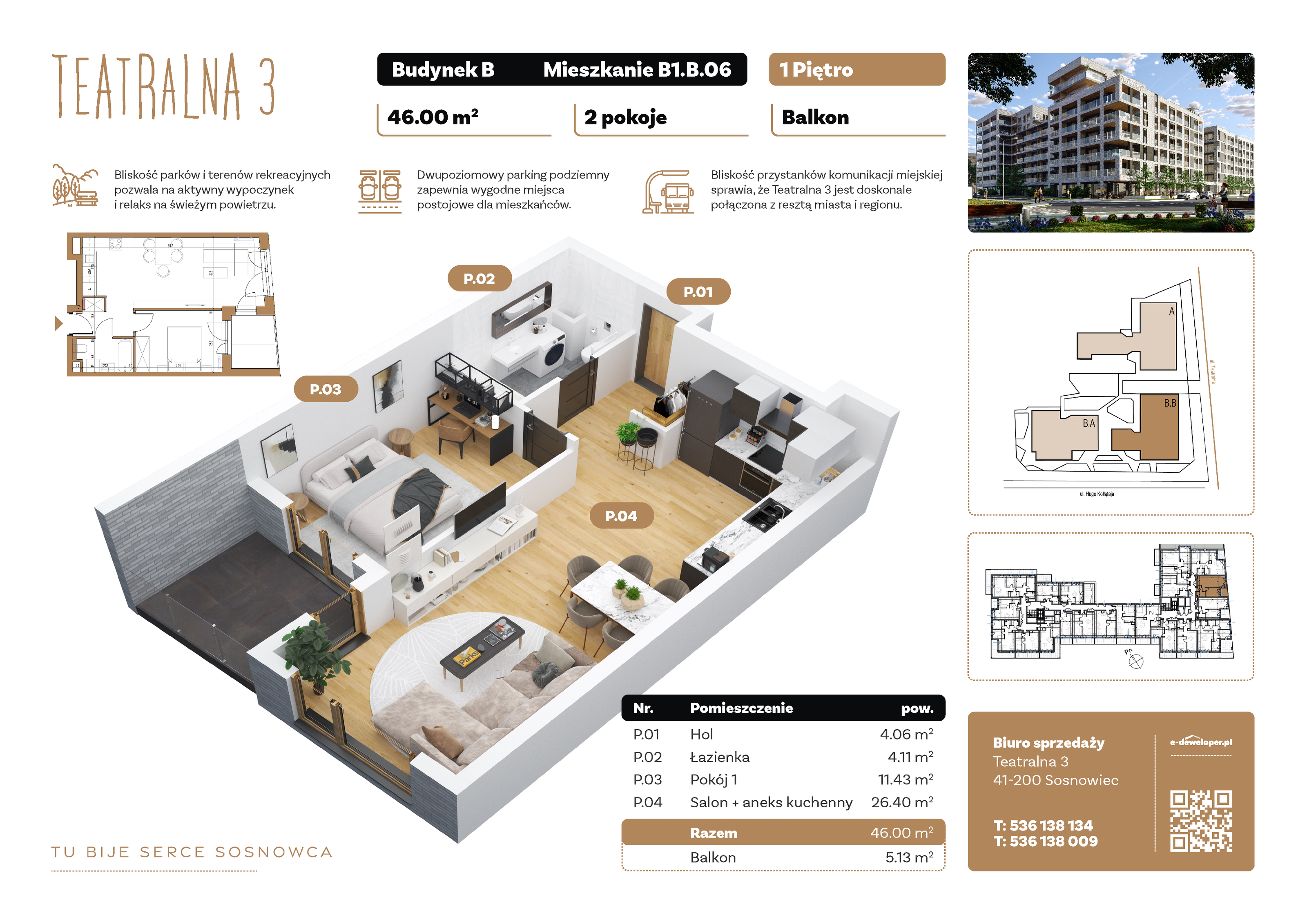 Mieszkanie 46,00 m², piętro 1, oferta nr B1.B.06, Teatralna 3, Sosnowiec, Śródmieście, ul. Teatralna 3-idx