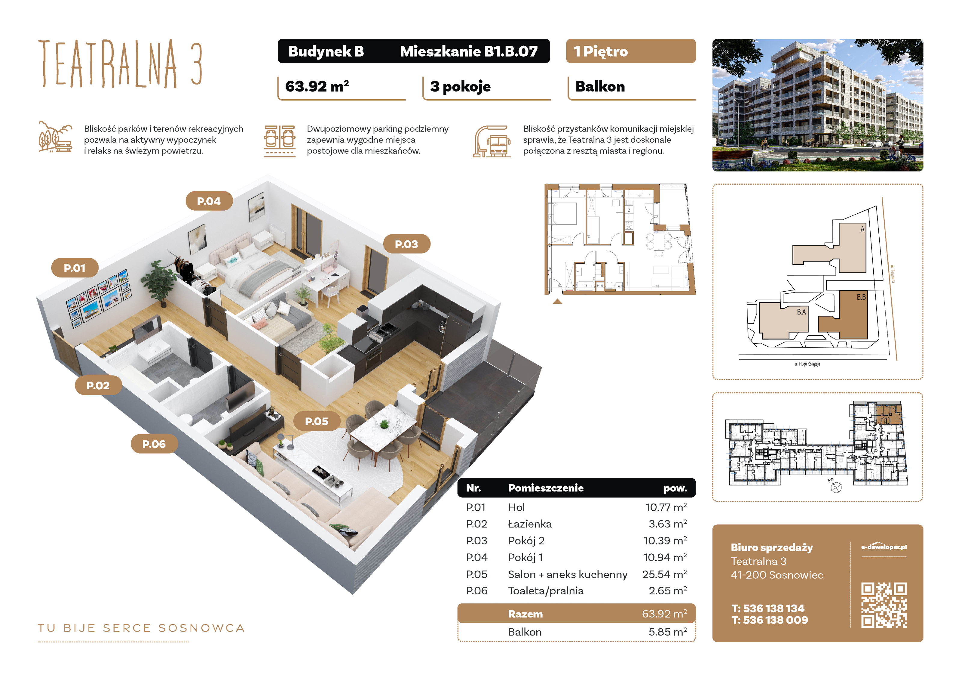 Mieszkanie 63,92 m², piętro 1, oferta nr B1.B.07, Teatralna 3, Sosnowiec, Śródmieście, ul. Teatralna 3-idx