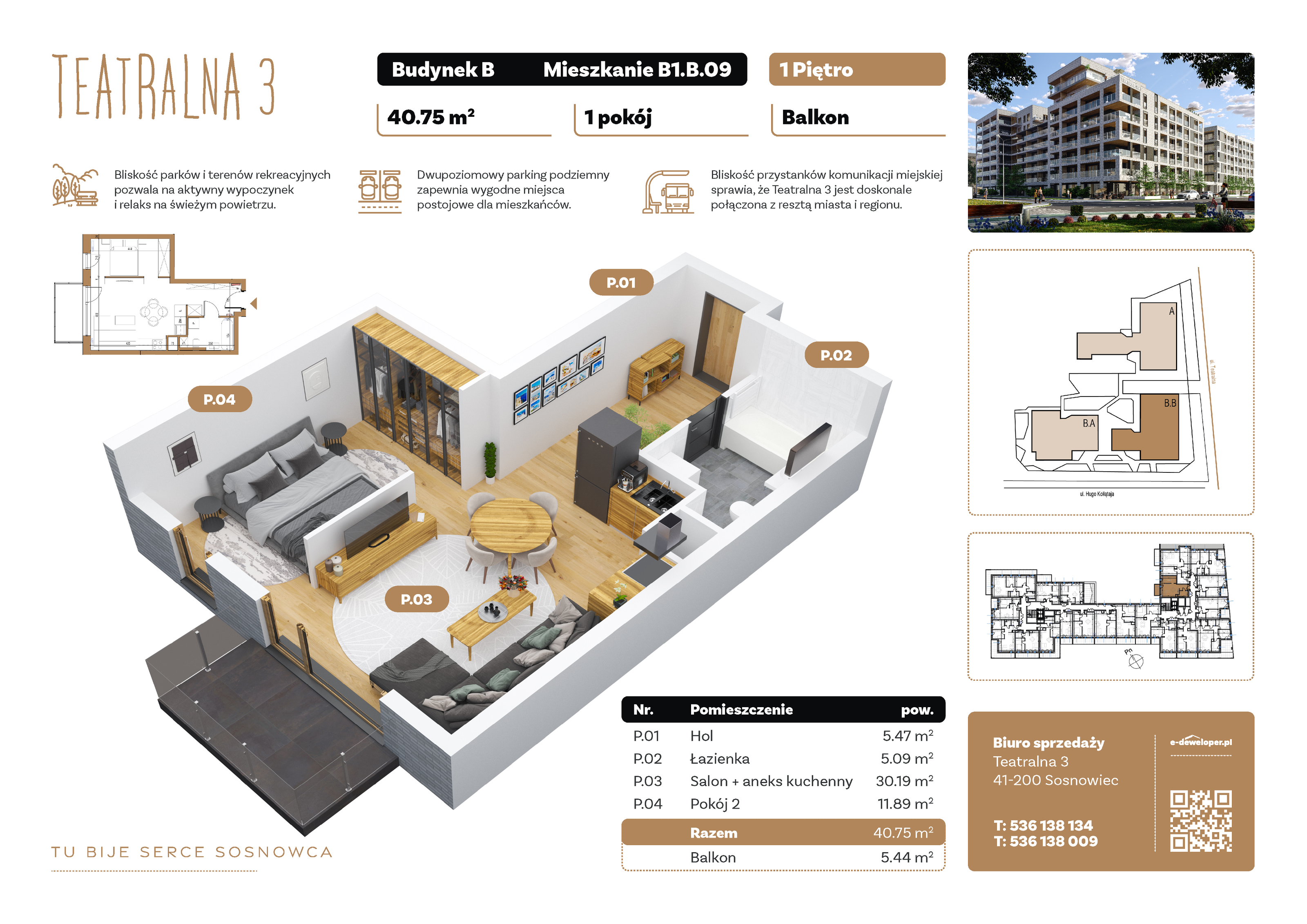 Apartament 40,75 m², piętro 1, oferta nr B1.B.09, Teatralna 3, Sosnowiec, Śródmieście, ul. Teatralna 3-idx