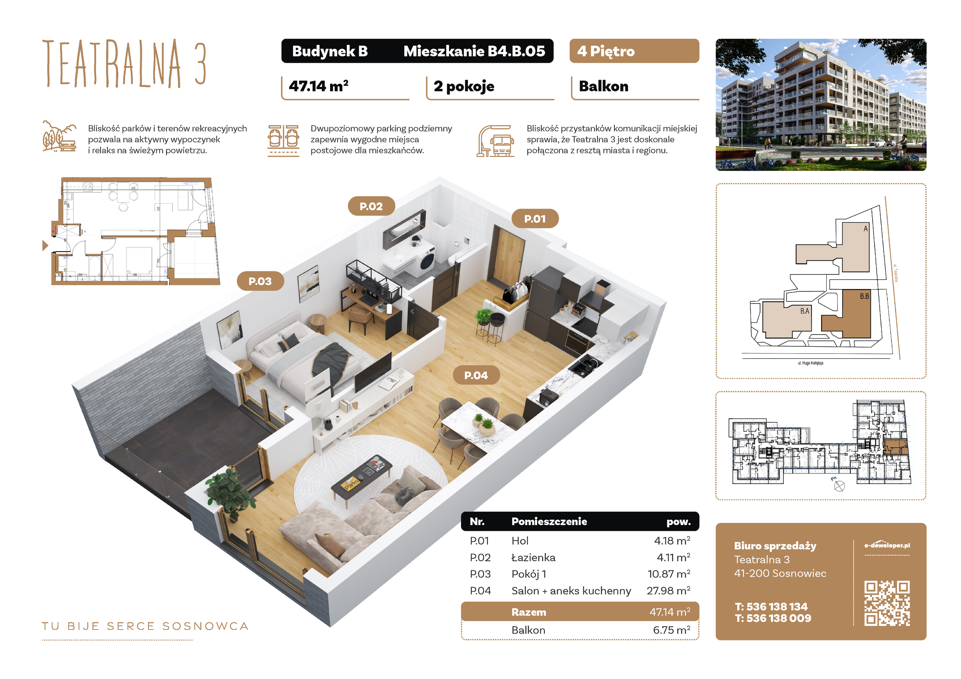 Apartament 47,14 m², piętro 4, oferta nr B4.B.05, Teatralna 3, Sosnowiec, Śródmieście, ul. Teatralna 3-idx