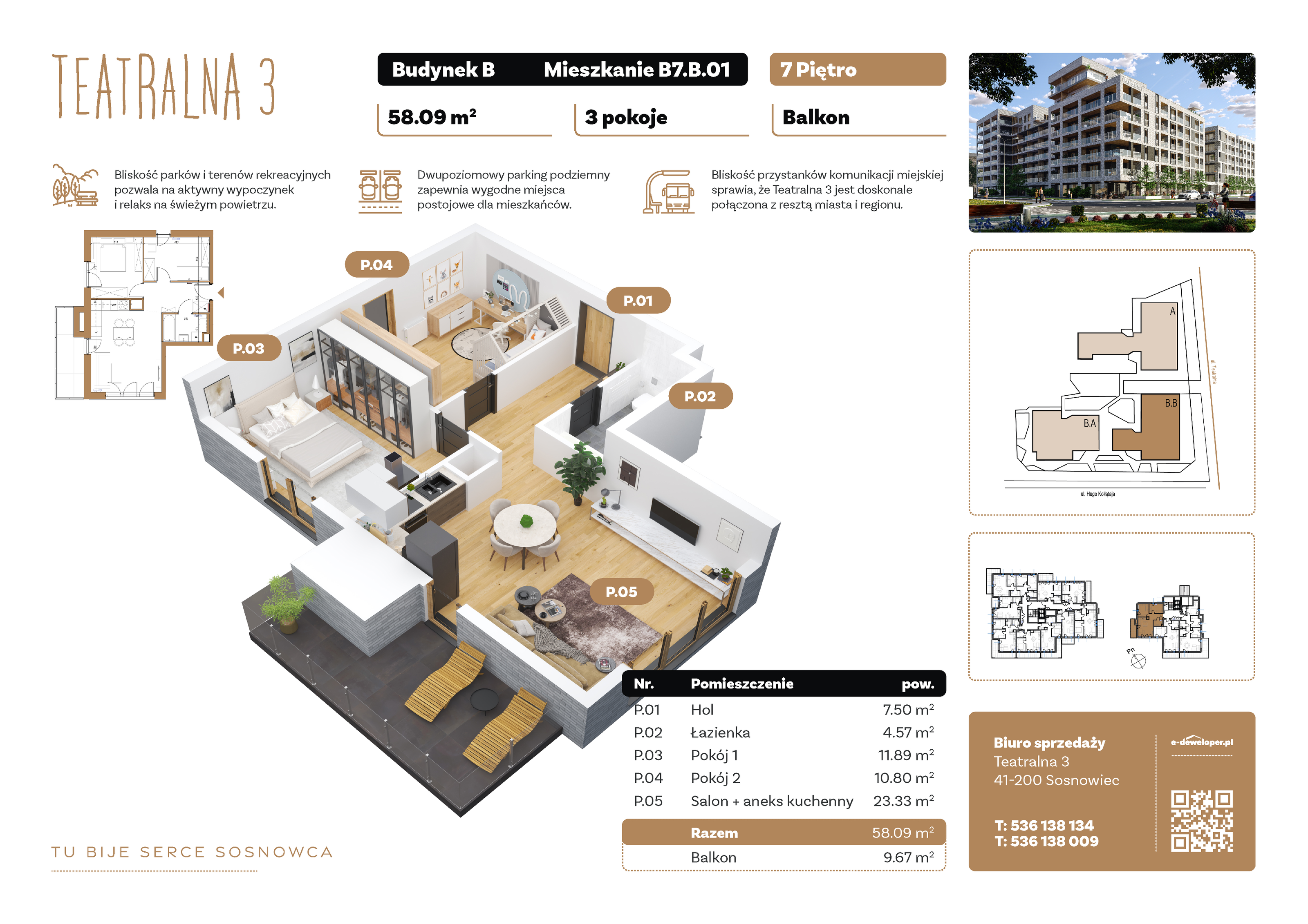 Apartament 58,09 m², piętro 7, oferta nr B7.B01, Teatralna 3, Sosnowiec, Śródmieście, ul. Teatralna 3-idx