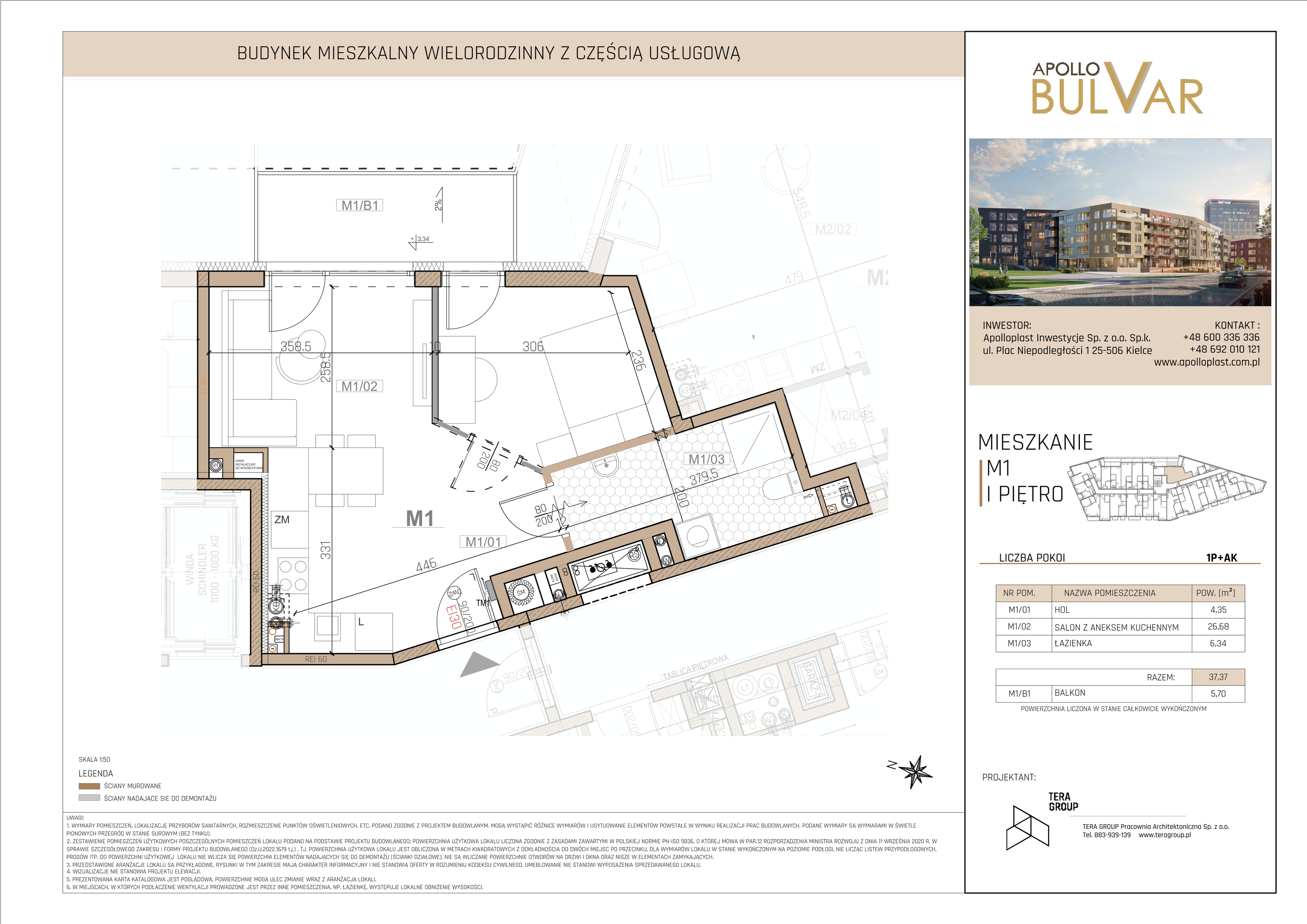 Mieszkanie 38,63 m², piętro 1, oferta nr 1, Apollo Bulvar, Kielce, Centrum, ul. Piotrkowska 16-idx