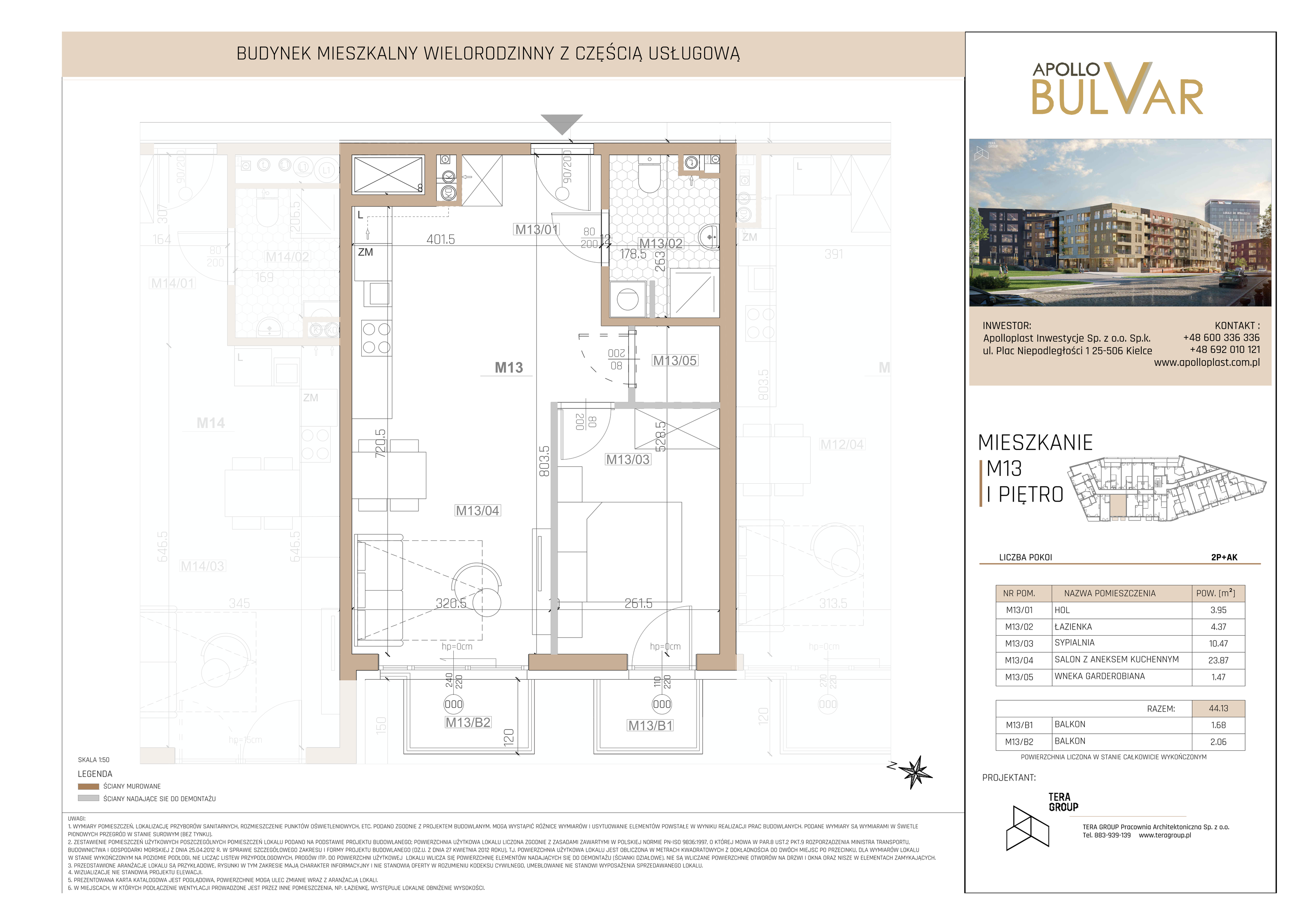 Apartament 44,13 m², piętro 1, oferta nr 13, Apollo Bulvar, Kielce, Centrum, ul. Piotrkowska 16-idx