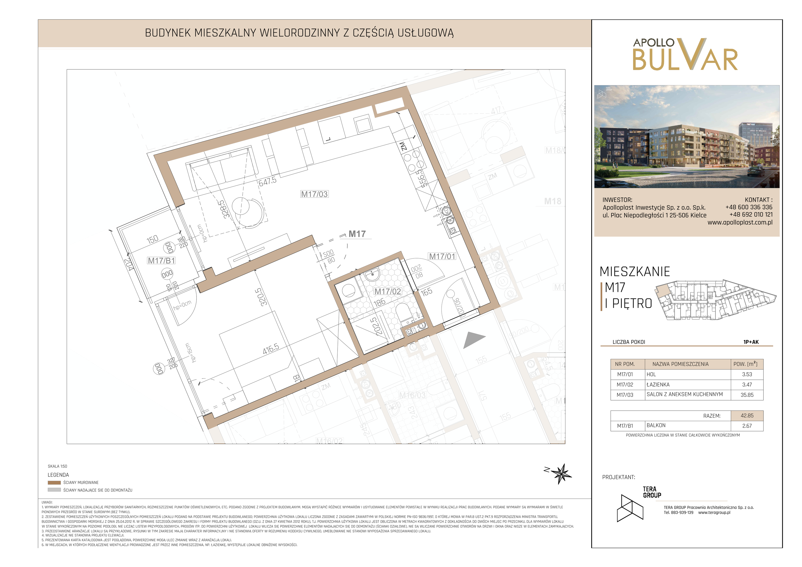 Mieszkanie 42,85 m², piętro 1, oferta nr 17, Apollo Bulvar, Kielce, Centrum, ul. Piotrkowska 16-idx