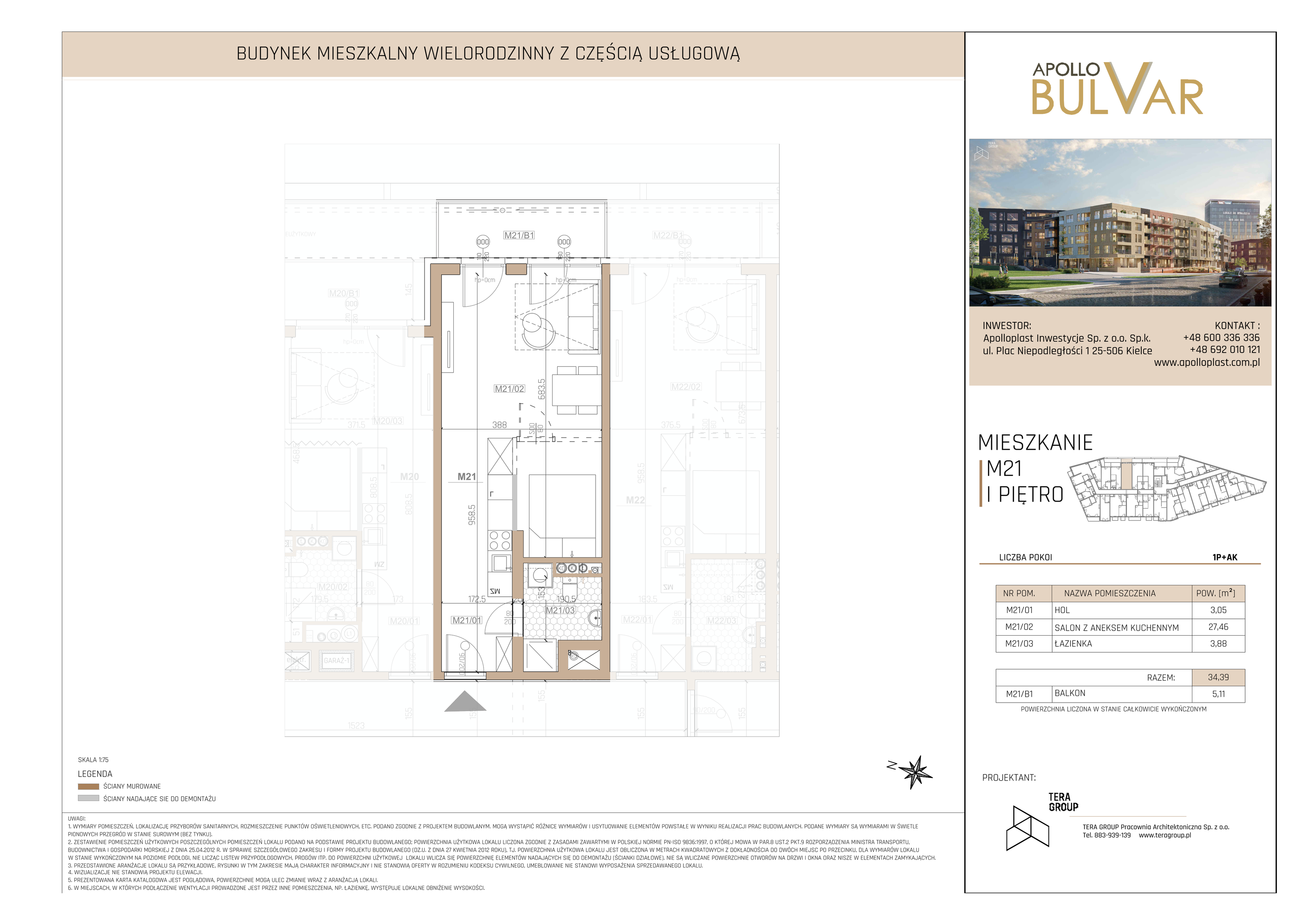 Mieszkanie 34,39 m², piętro 1, oferta nr 21, Apollo Bulvar, Kielce, Centrum, ul. Piotrkowska 16-idx