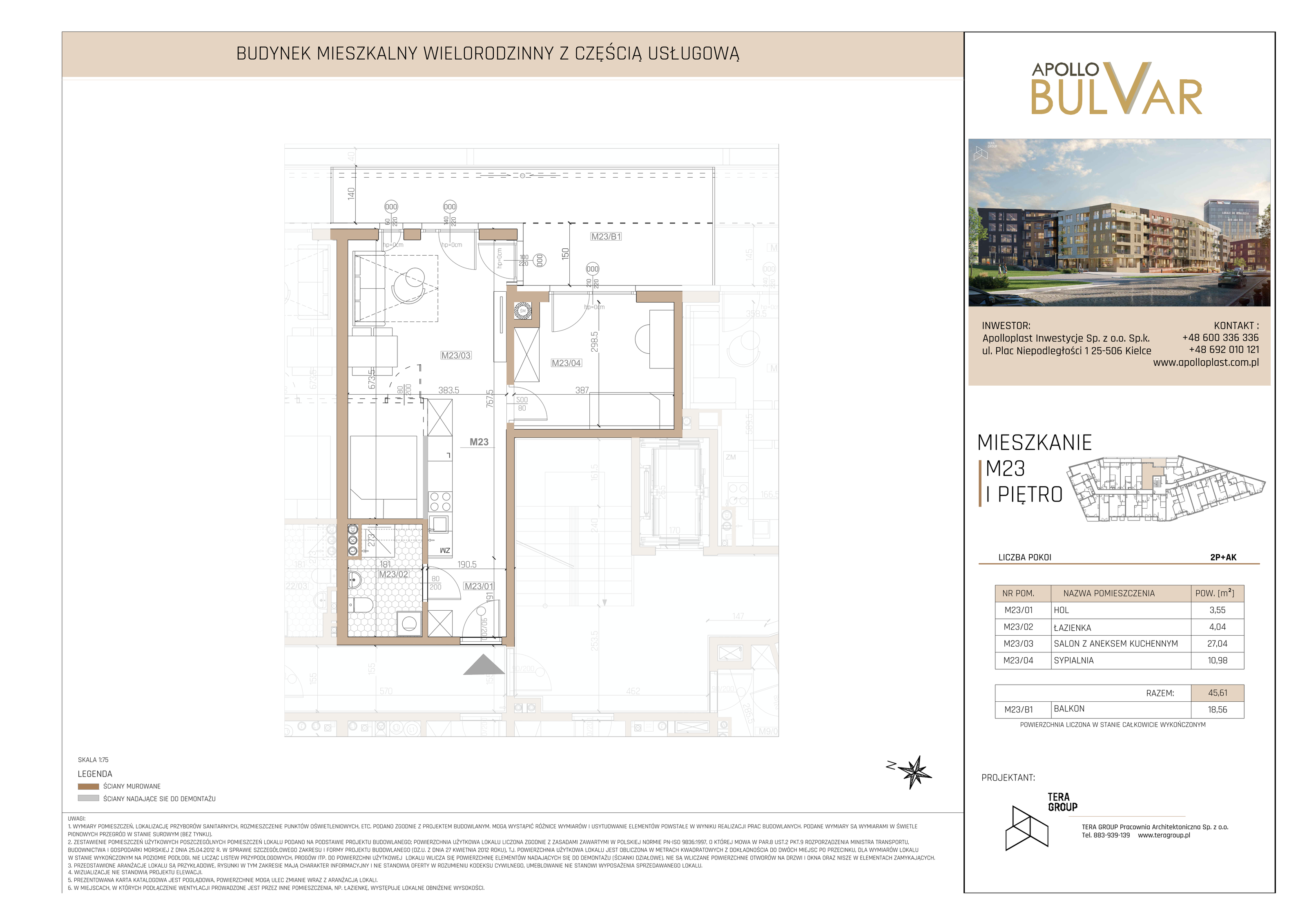 Apartament 45,61 m², piętro 1, oferta nr 23, Apollo Bulvar, Kielce, Centrum, ul. Piotrkowska 16-idx