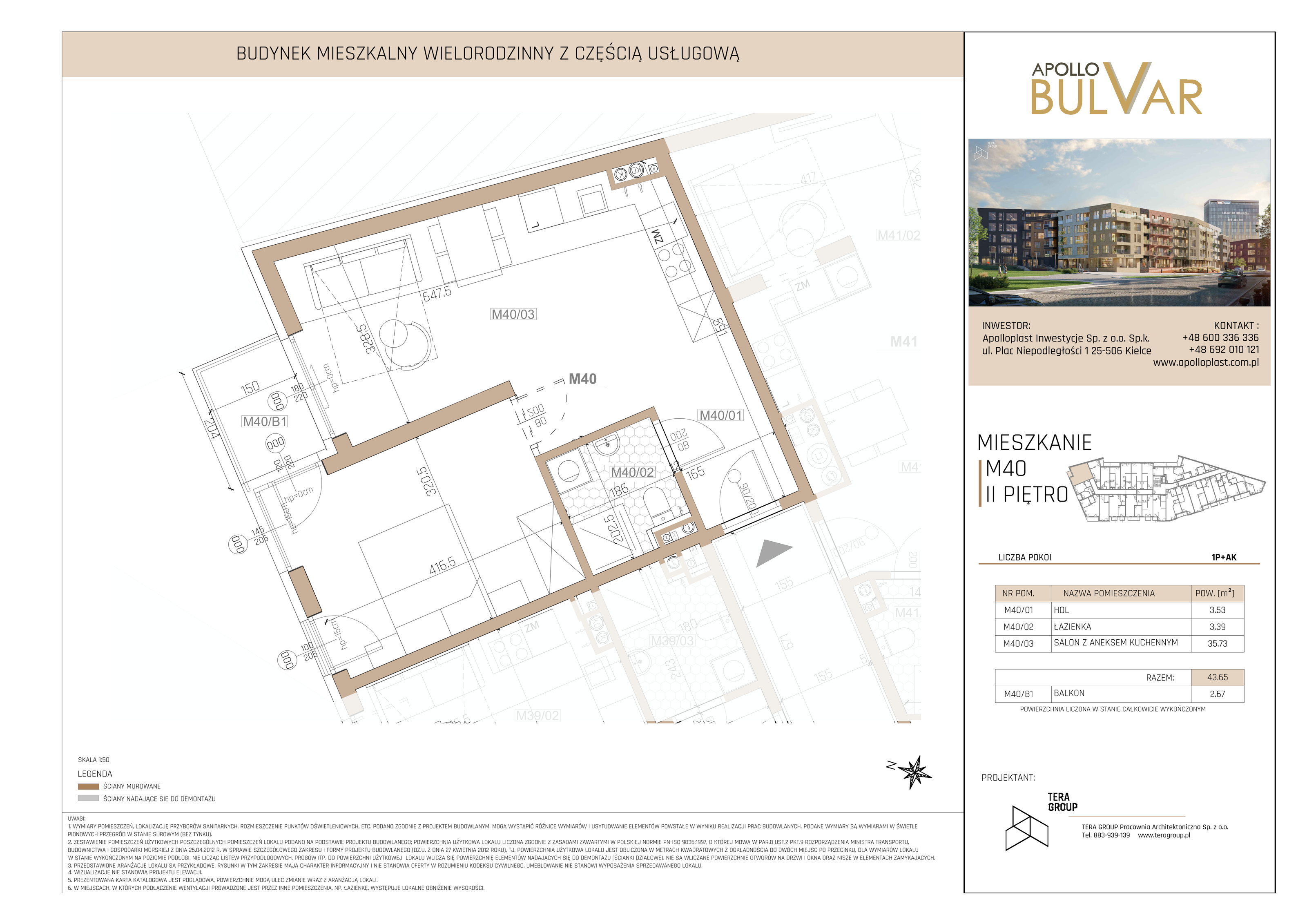 Apartament 43,65 m², piętro 2, oferta nr 40, Apollo Bulvar, Kielce, Centrum, ul. Piotrkowska 16-idx