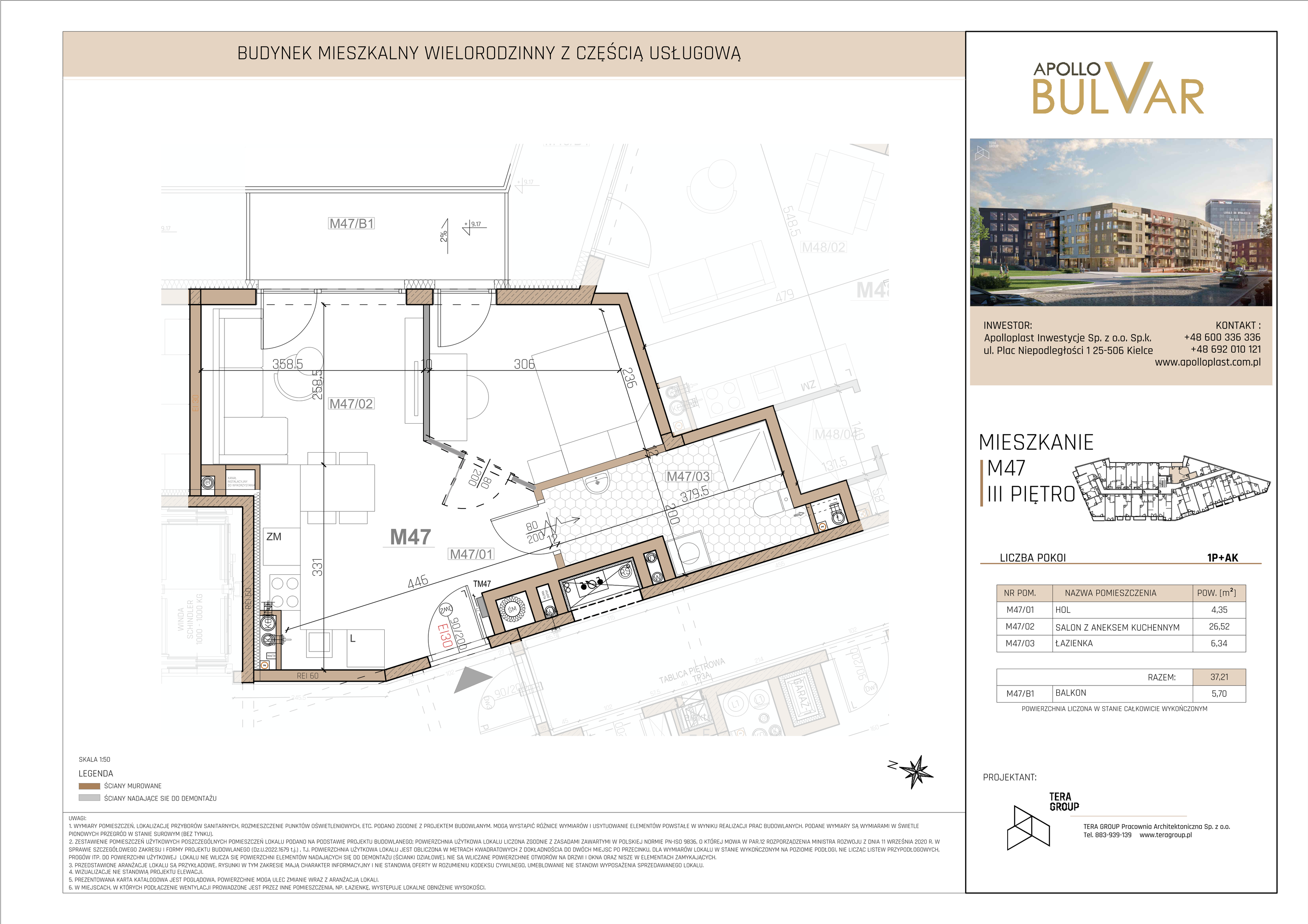 Mieszkanie 38,47 m², piętro 3, oferta nr 47, Apollo Bulvar, Kielce, Centrum, ul. Piotrkowska 16-idx