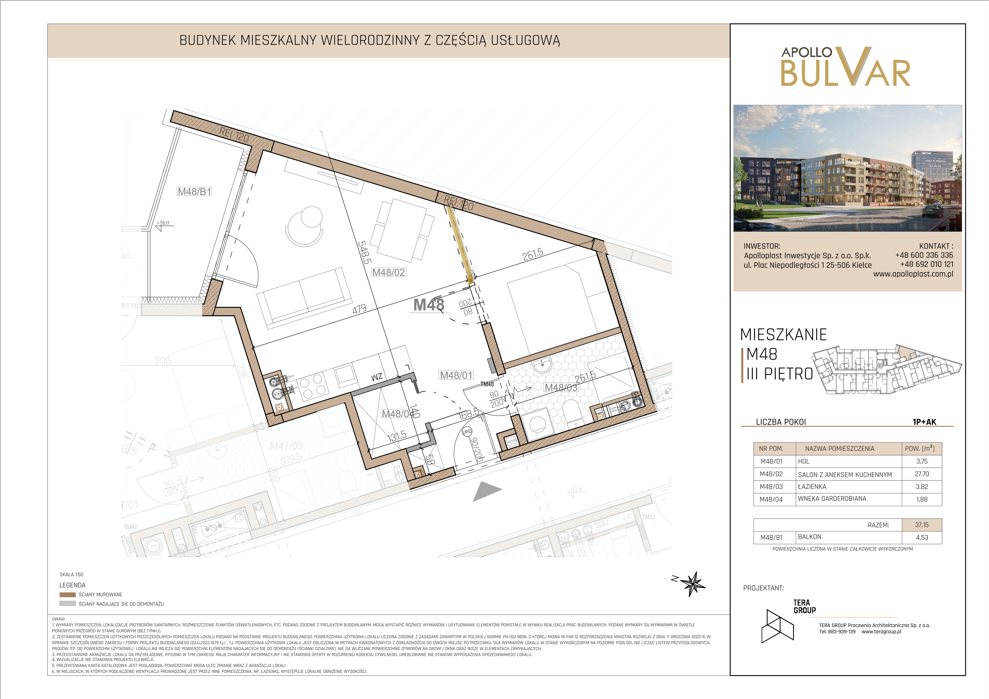 Mieszkanie 36,43 m², piętro 3, oferta nr 48, Apollo Bulvar, Kielce, Centrum, ul. Piotrkowska 16-idx