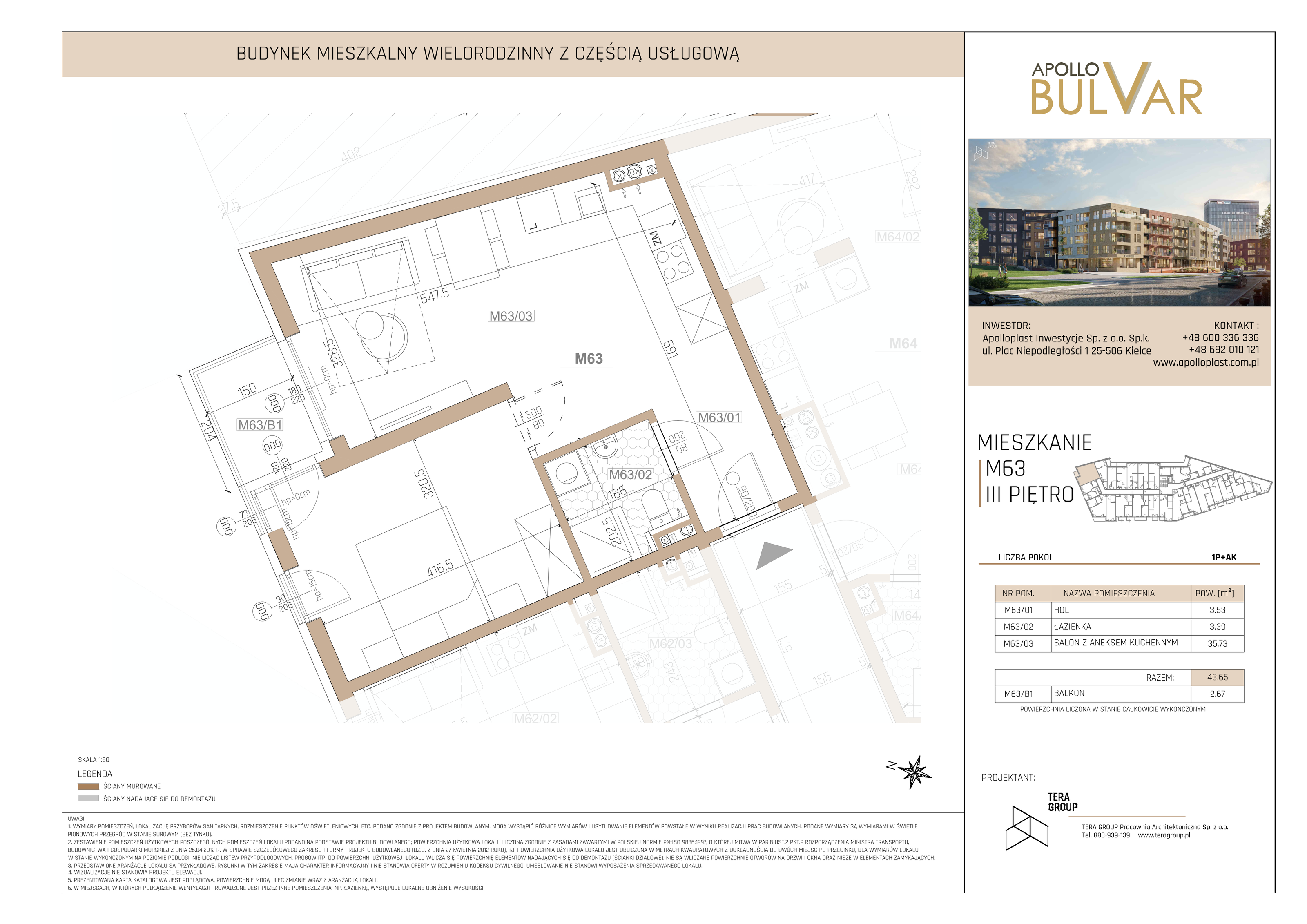 Apartament 43,65 m², piętro 3, oferta nr 63, Apollo Bulvar, Kielce, Centrum, ul. Piotrkowska 16-idx